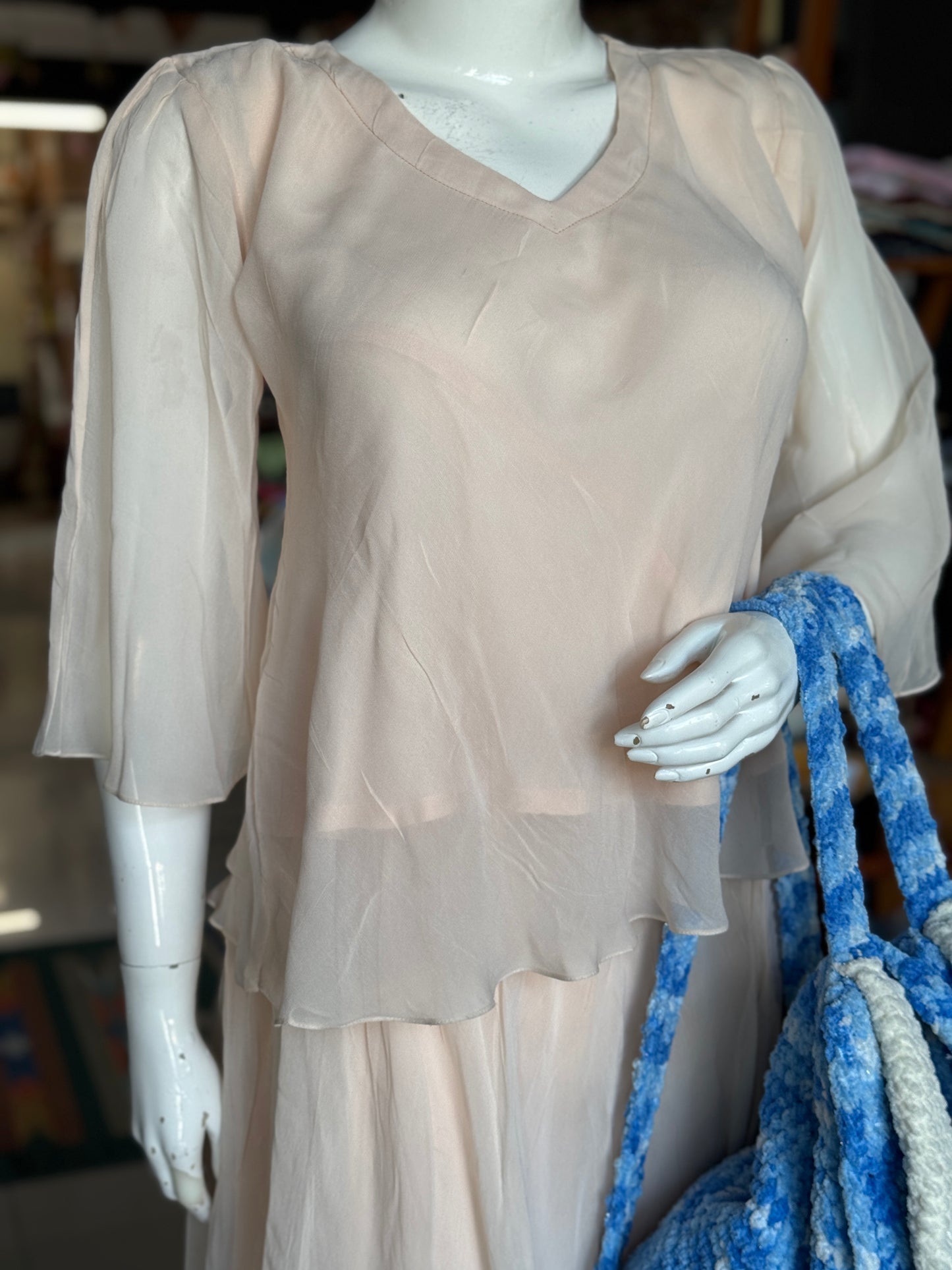 Peach soft georgette umbrella asymmetrical hem top and skirt - 2 piece set