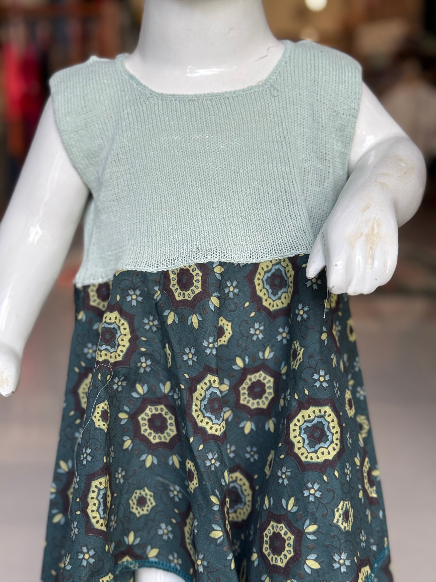 Crochet hand work yoke with hand block printed kerchief cut soft cotton frock