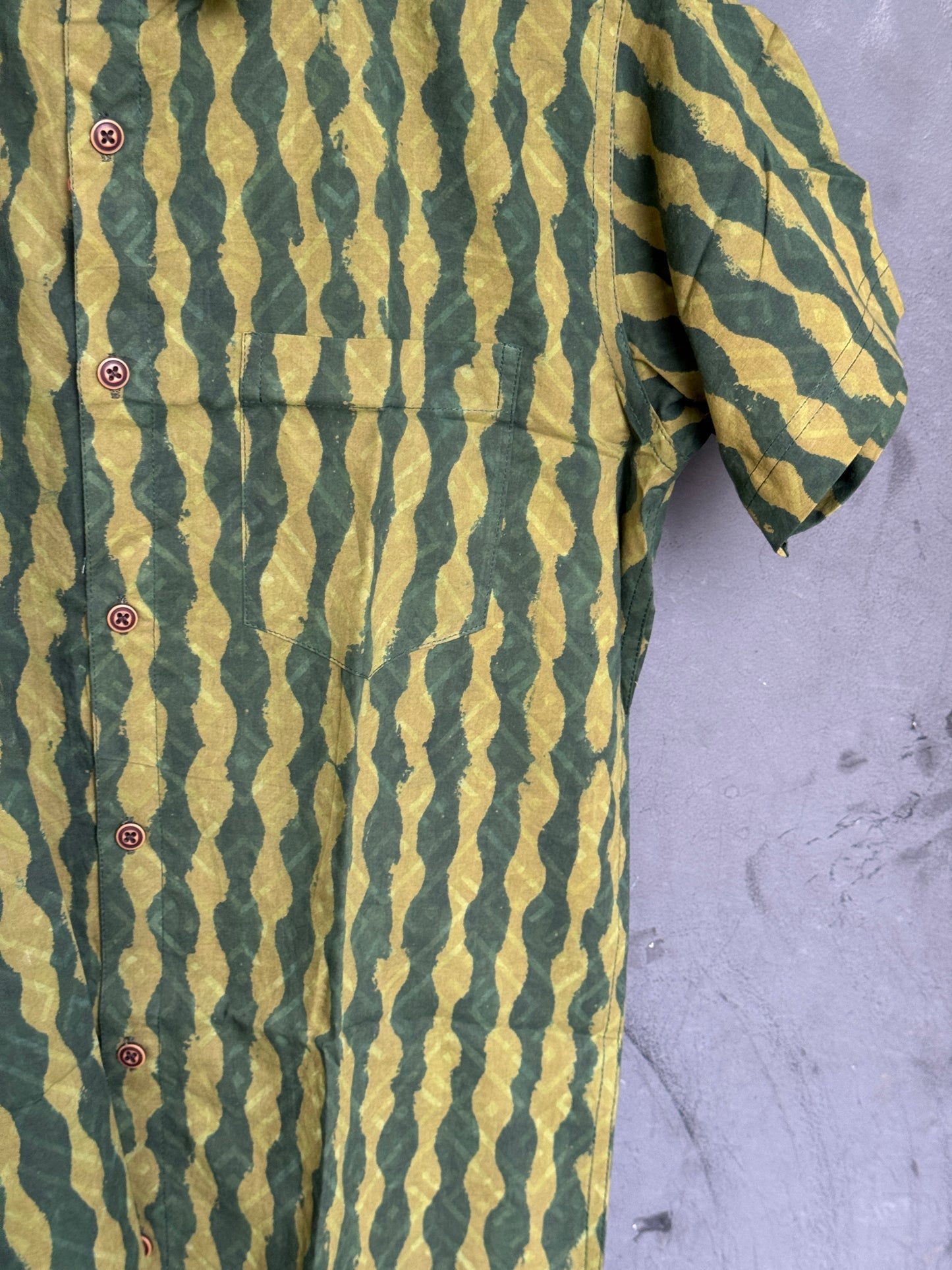 Green curvy stripes half sleeves mens hand block printed cotton shirt
