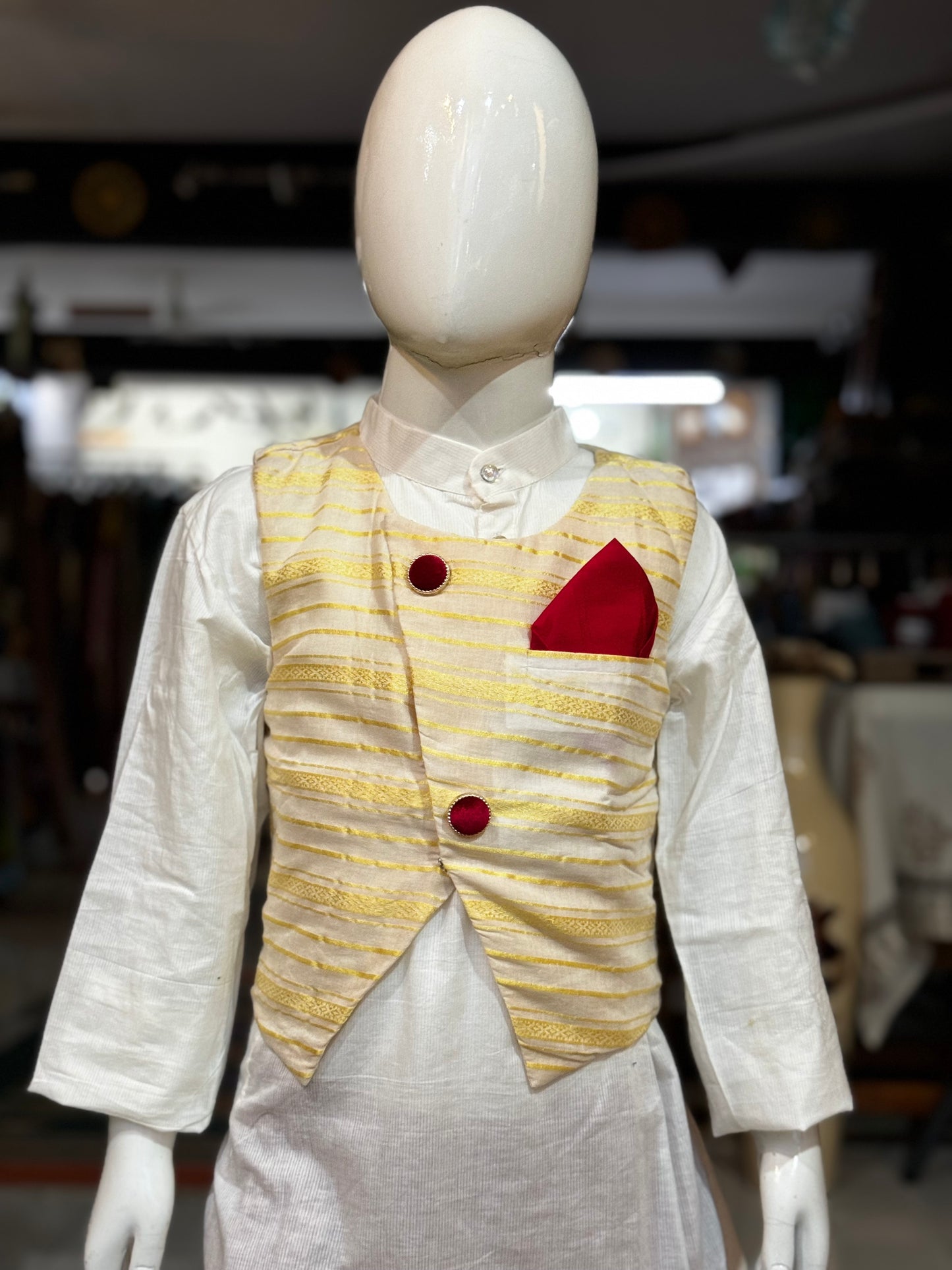 Offwhite kurta, maroon dhoti pants and jacket - 3 piece ethnic set for boys