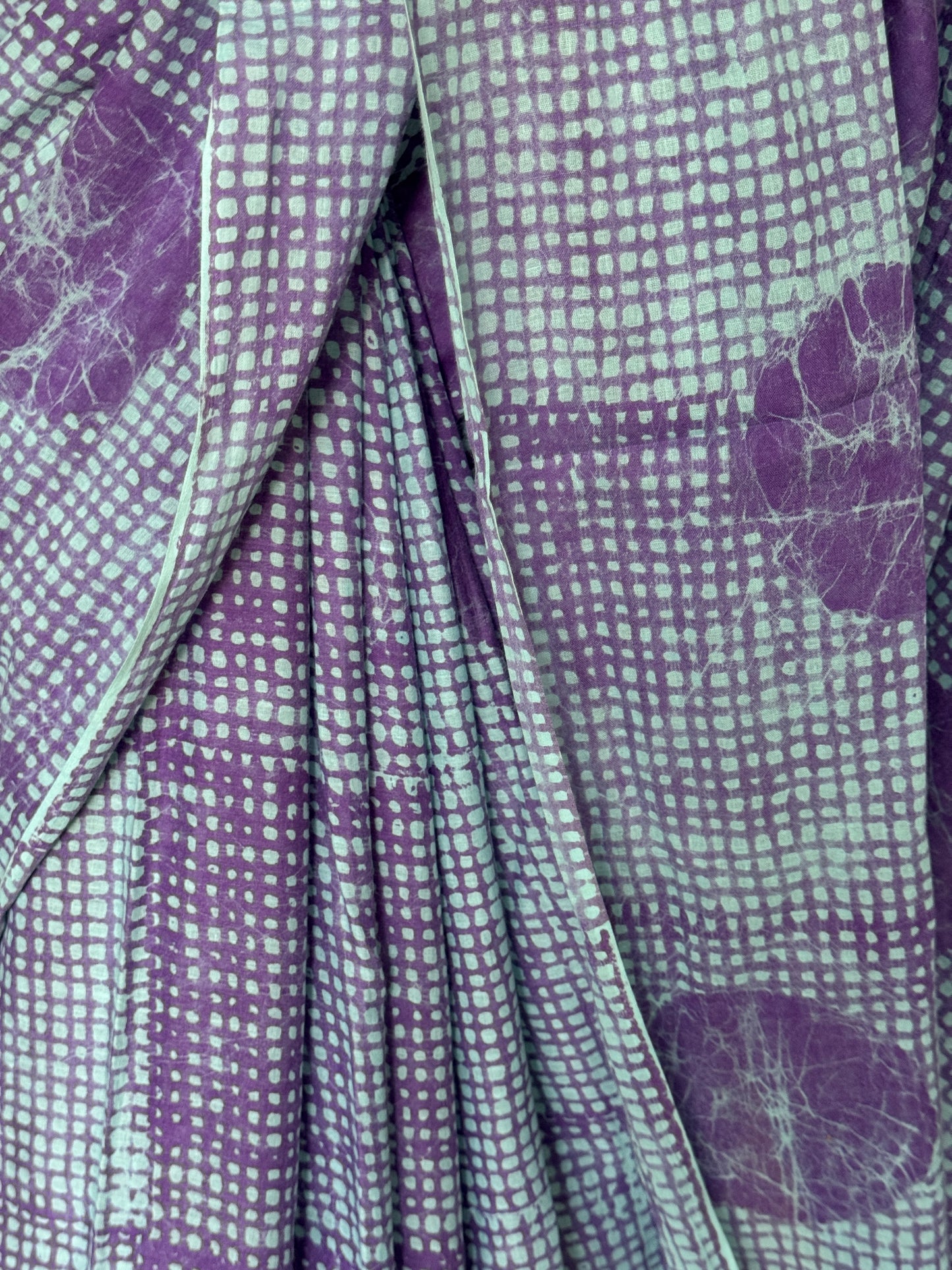 Lavender checks and circles hand Batik soft cotton saree