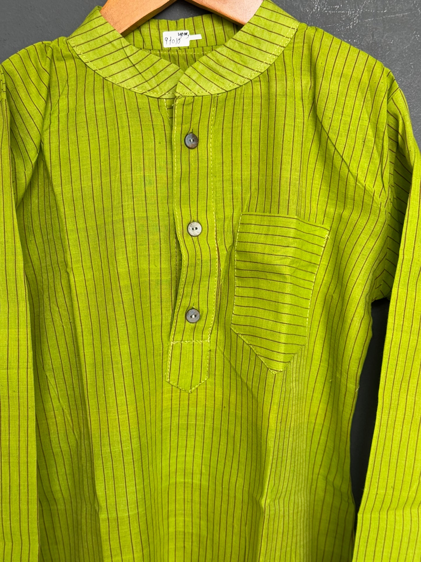 Green stripes handwoven cotton long kurta for boys