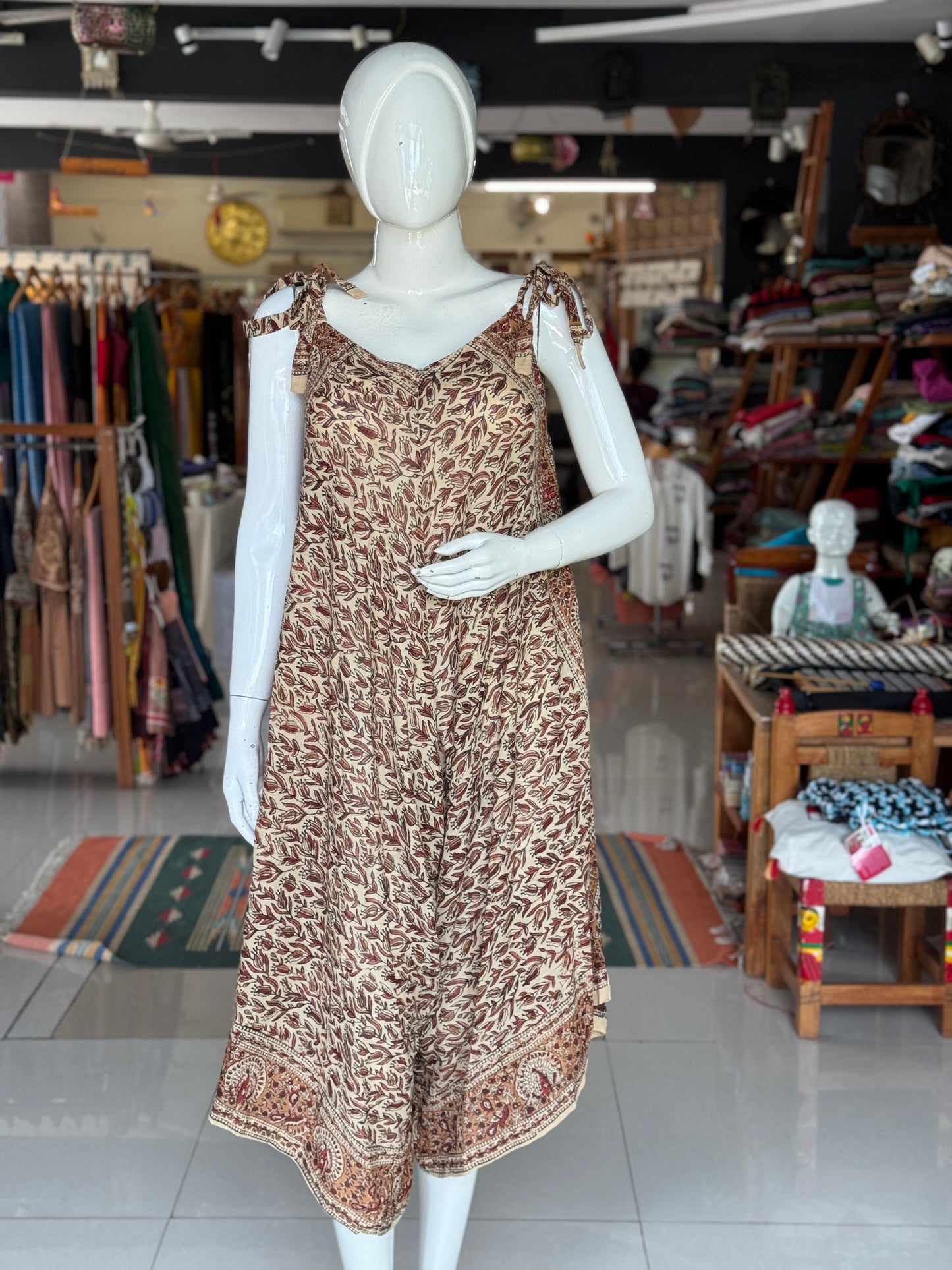 Tie up jumpsuit in soft hand block printed mul cotton