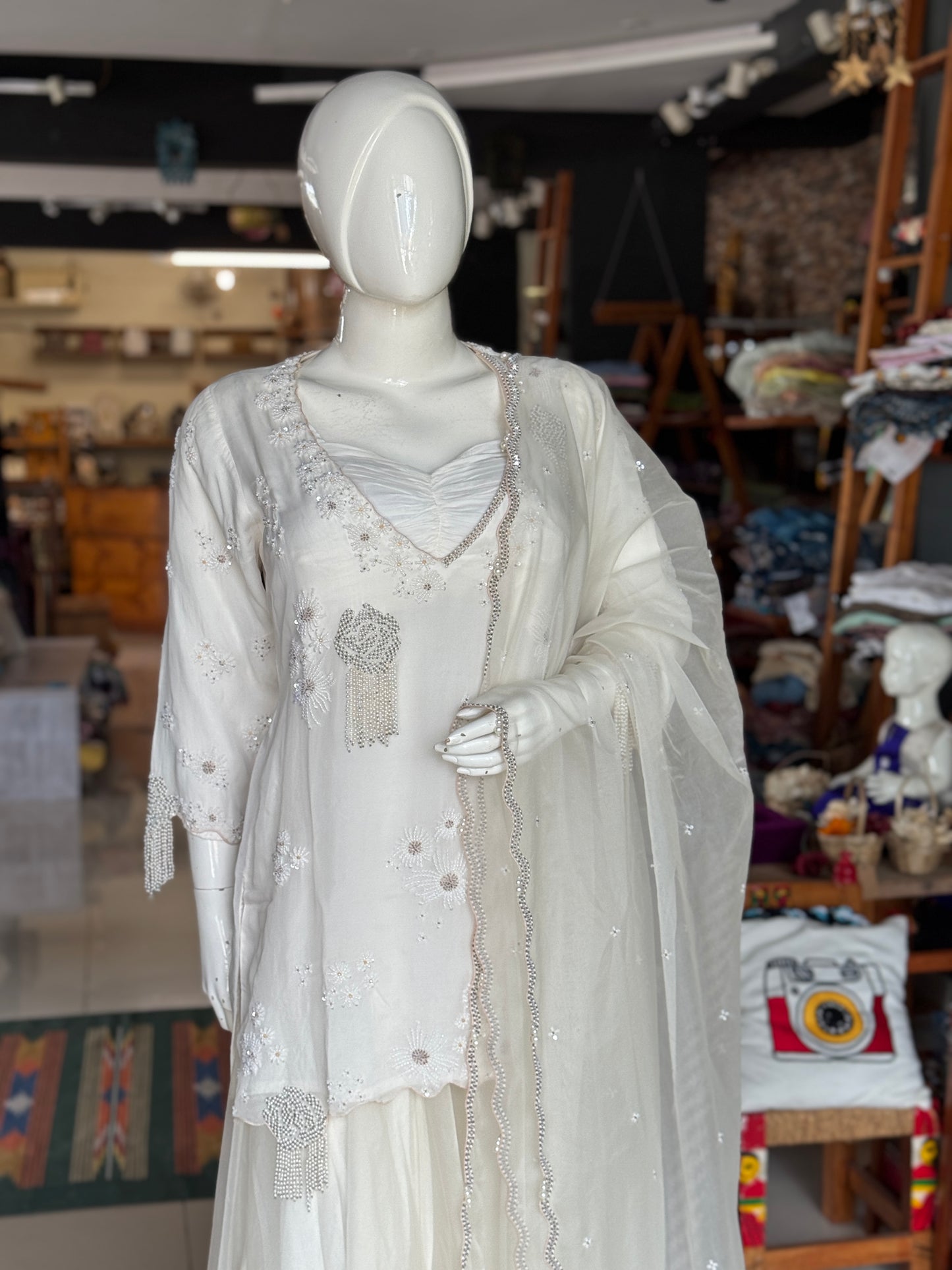 Off white splendor - Soft organza hand embroidered long sleeves kurti, skirt, dupatta and crepe bustier - 4 piece set