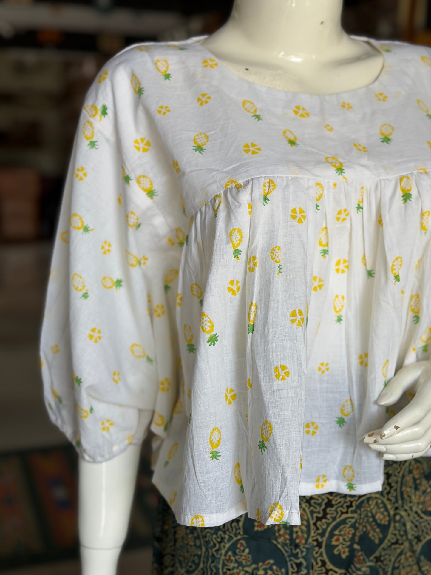 White pineapple hand block print fancy sleeves cotton top