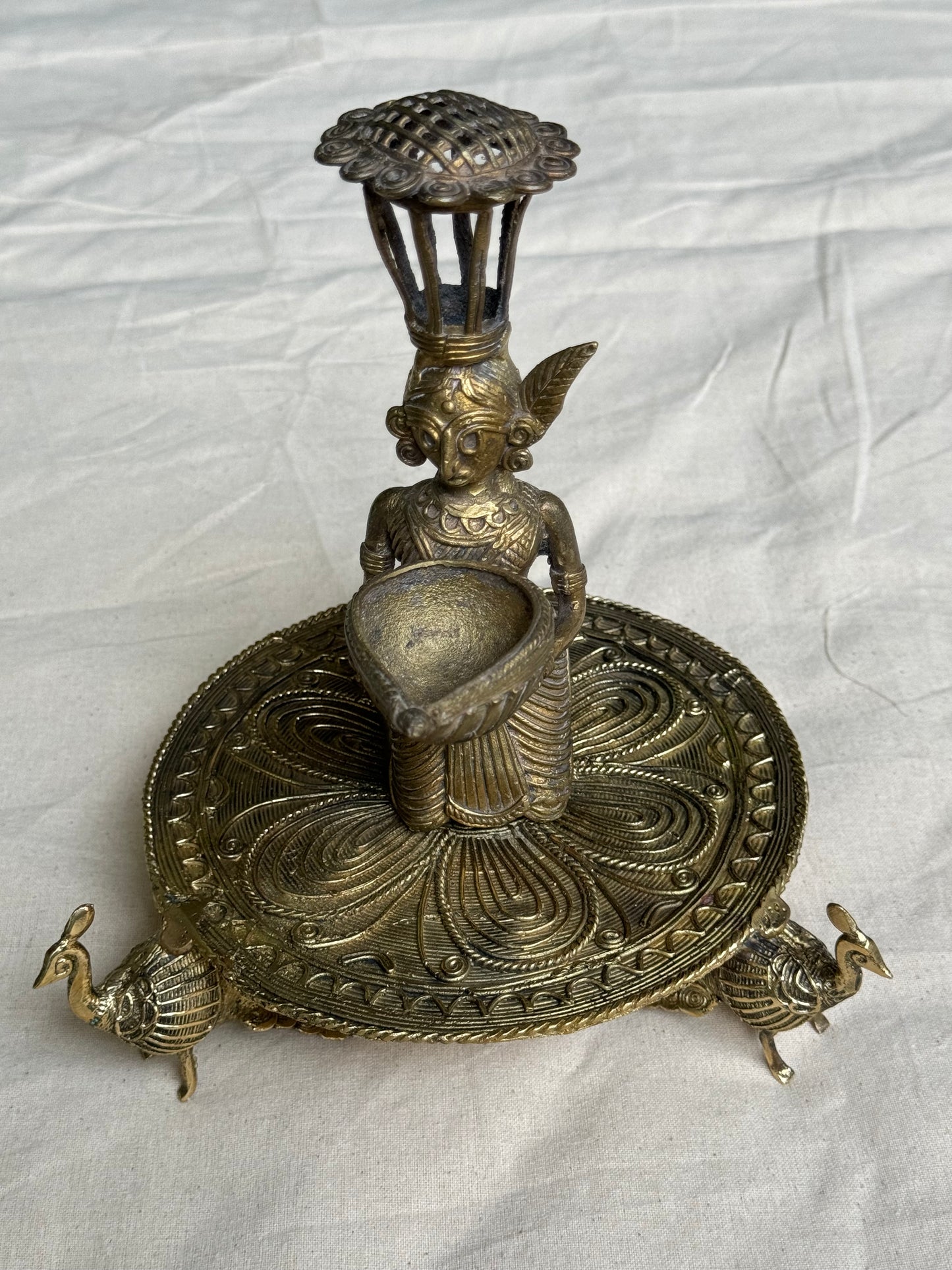 Brass tray / riser with peacock legs - dokra hand crafted decor