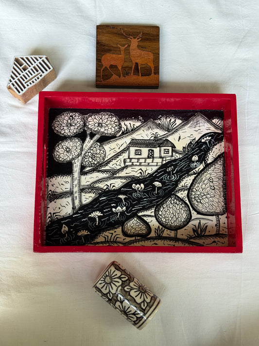 Patachitra wooden hand painted tray - red, black n white