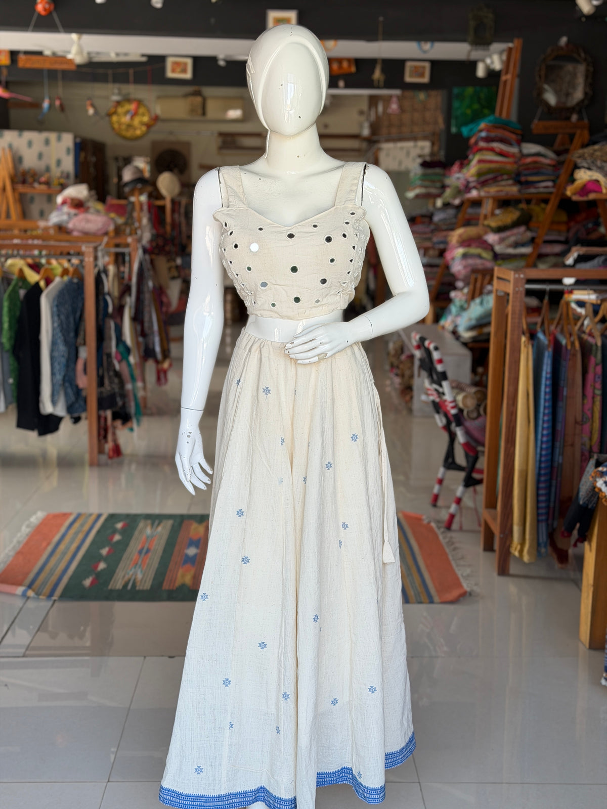 Off white hand woven kala cotton Bhujodi lehenga / skirt with indigo border - free size