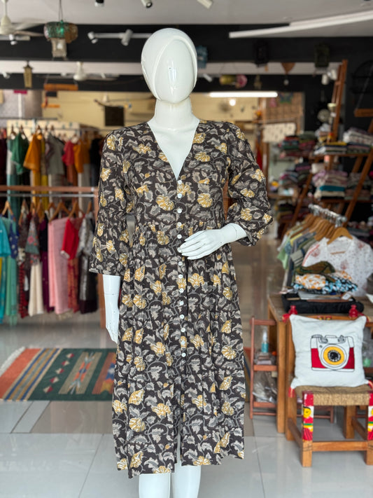 Charcoal mustard floral hand block printed deep v-neck cotton dress