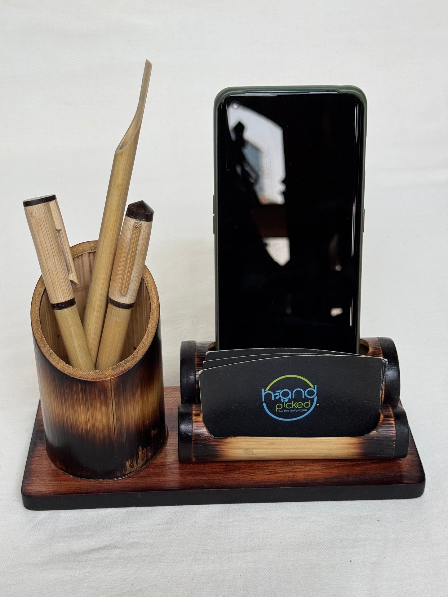 Burnt bamboo desk organizer with card / phone holder, pen stand