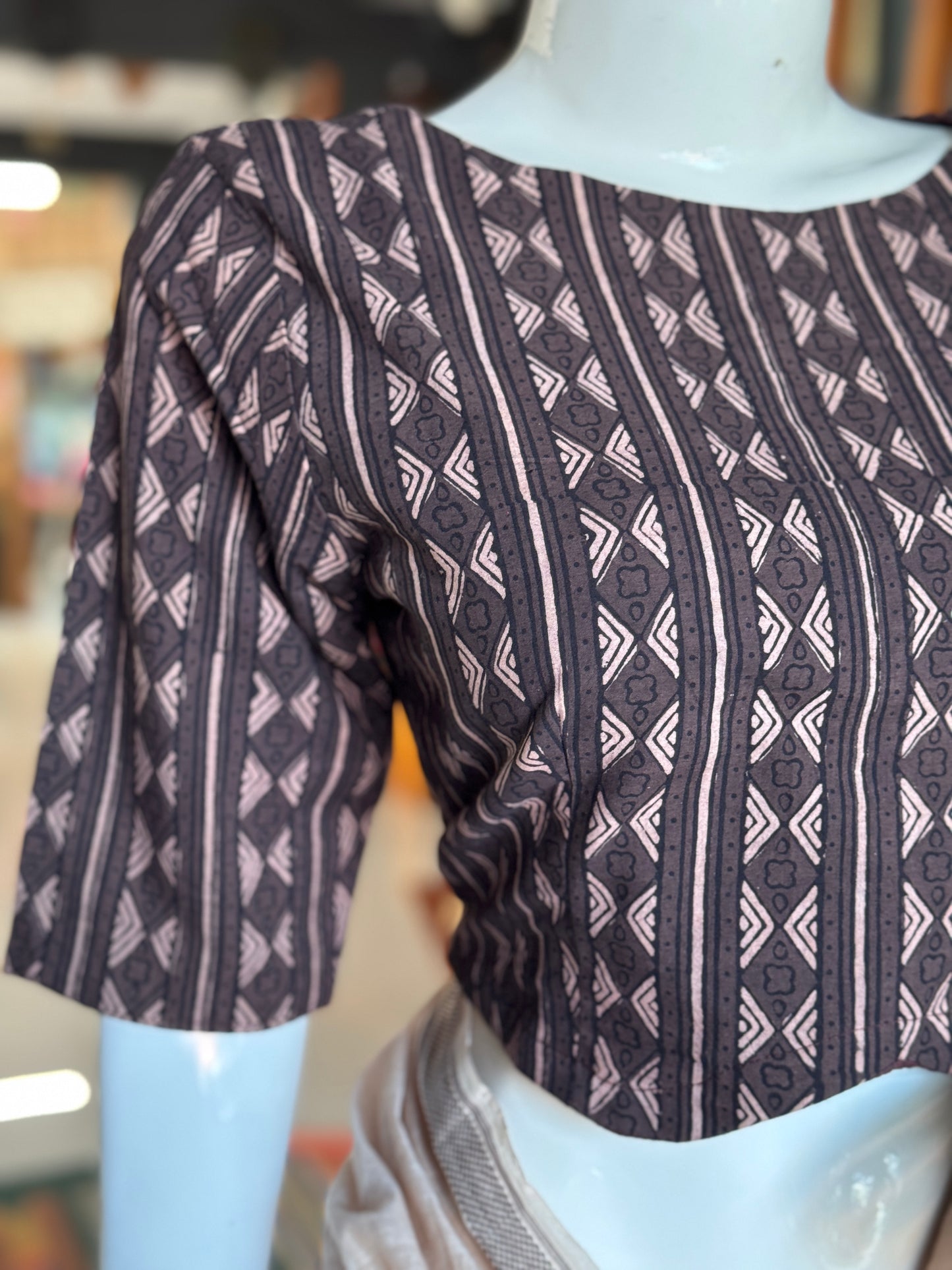 Black n brown geometric design Ajrakh handblock printed, natural dyed cotton back open blouse