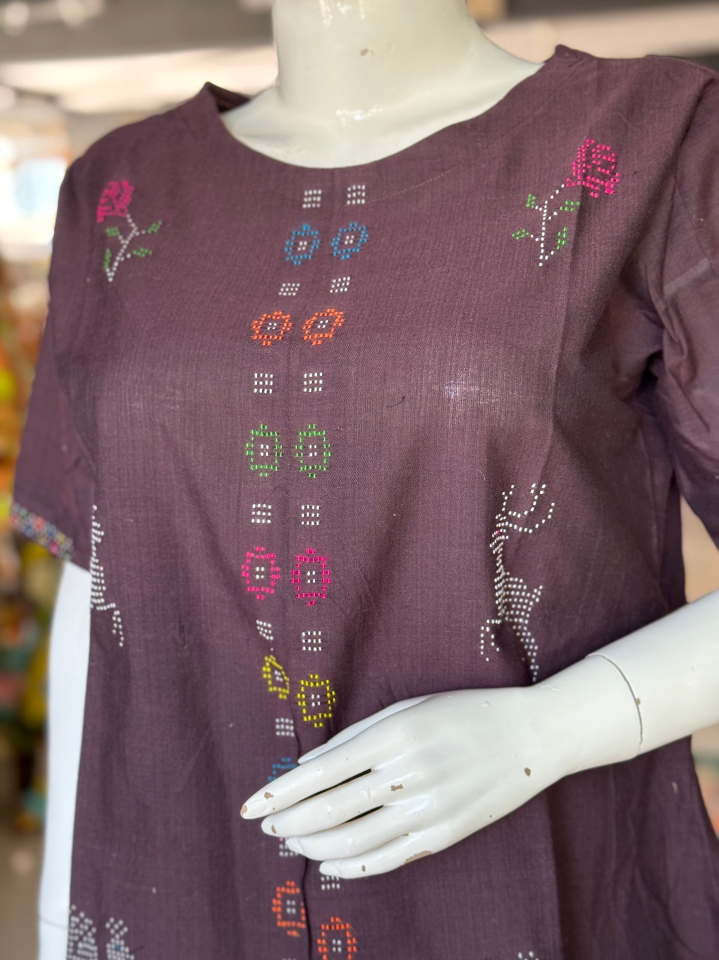 Brown Tangaliya handloom cotton top with peacock, rose n deer motifs