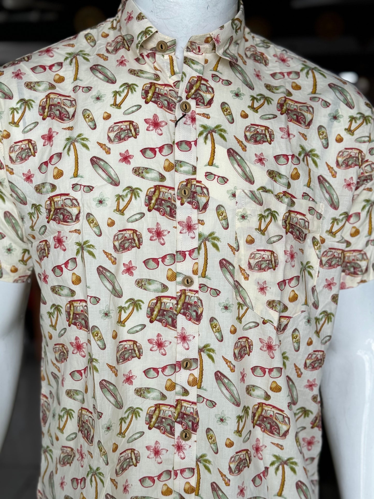 Vintage Off white vans, trees and goggles print mens half sleeves cotton shirt