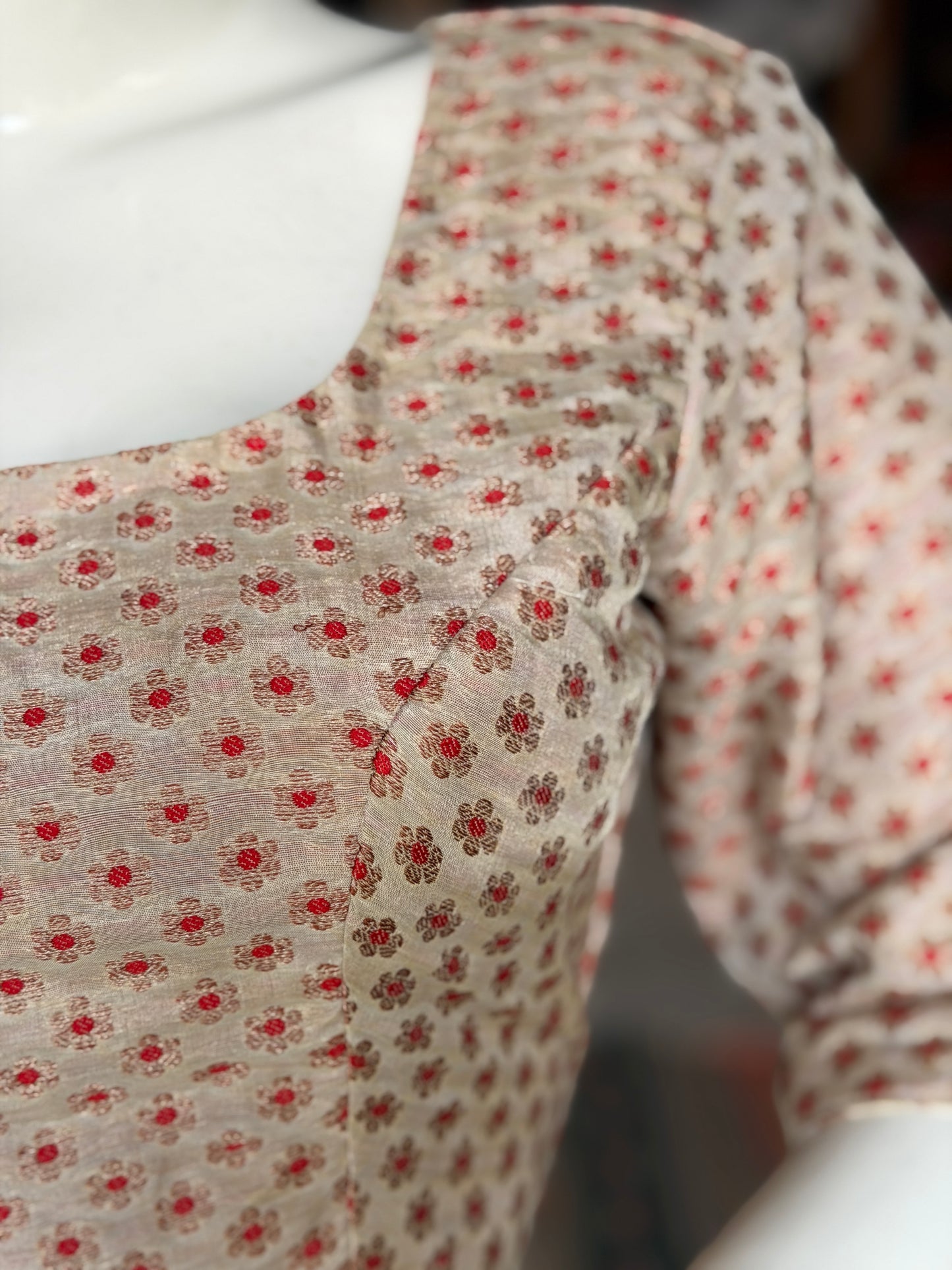 Cream handwoven silk blouse with gold and red flower butis