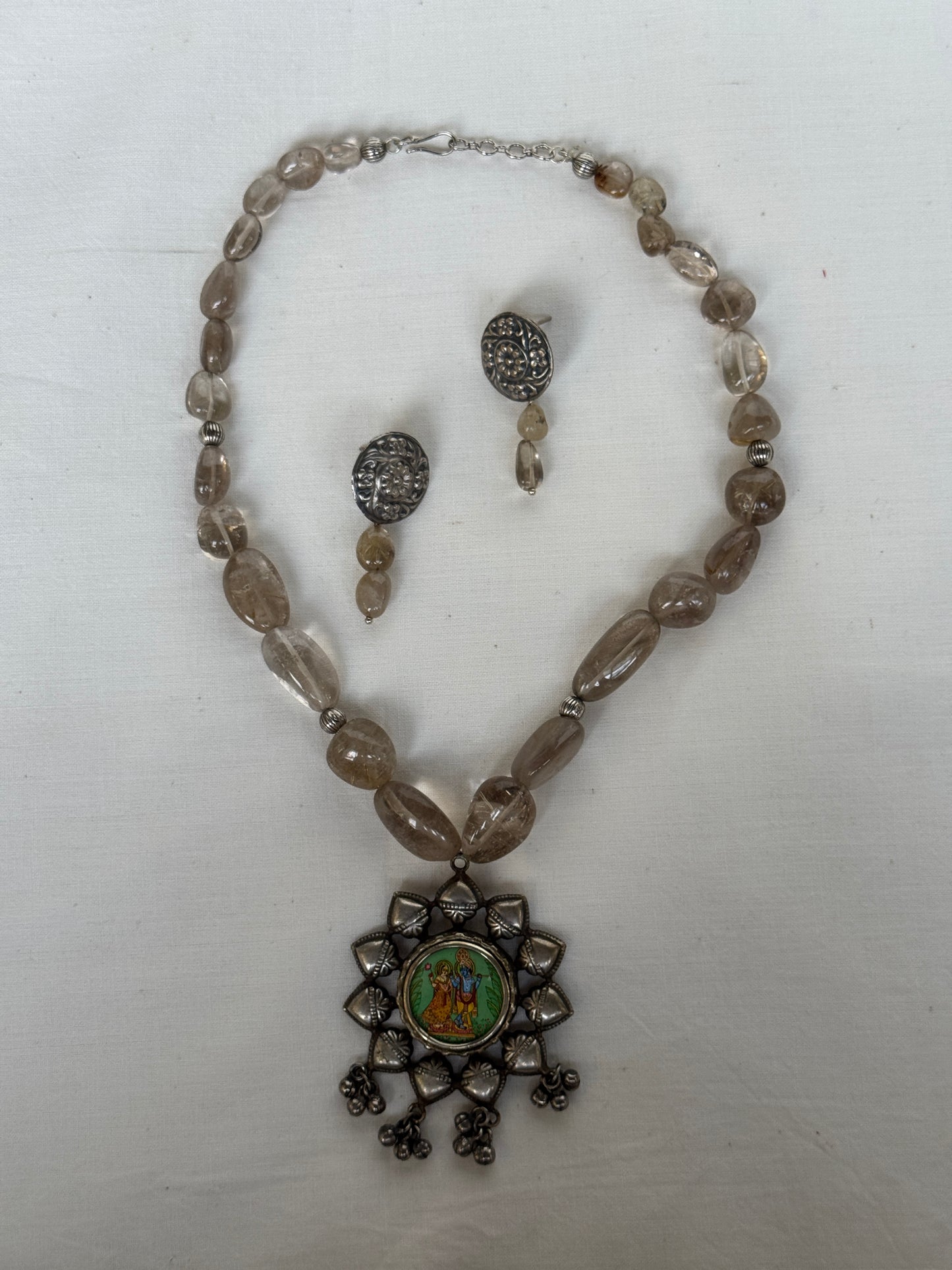 Radha Krishna pendant with natural stones neckpiece earrings set