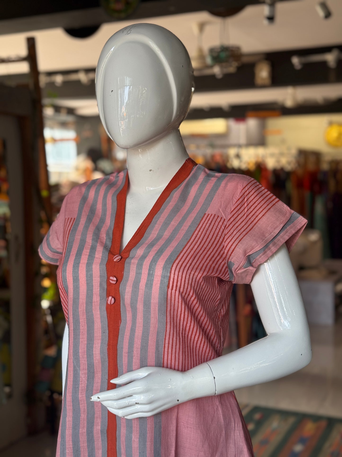 Pink and blue stripes hand spun, hand woven, hand block printed cotton kurti