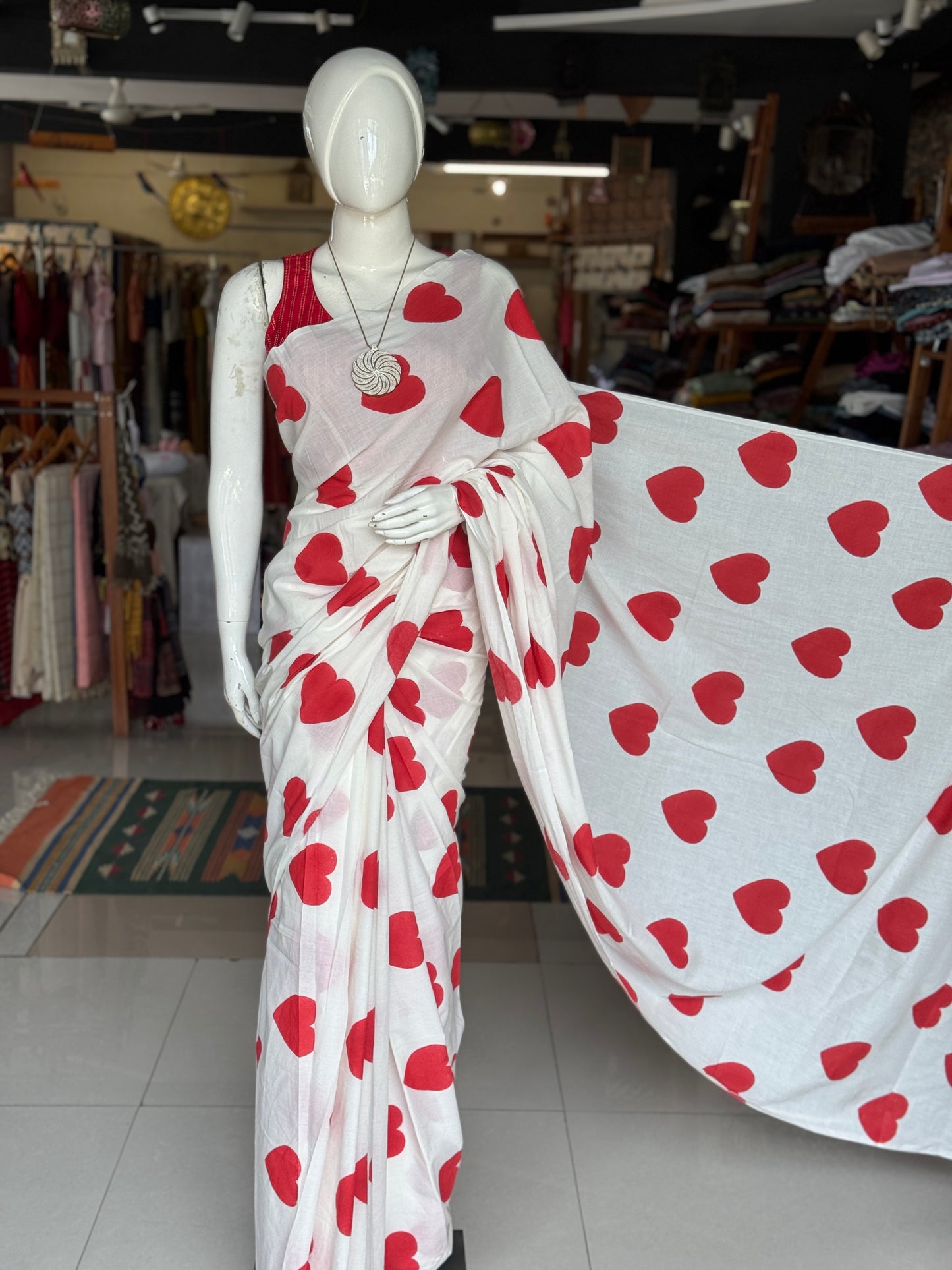 Flying hearts - red on white hand block printed soft cotton yardage saree