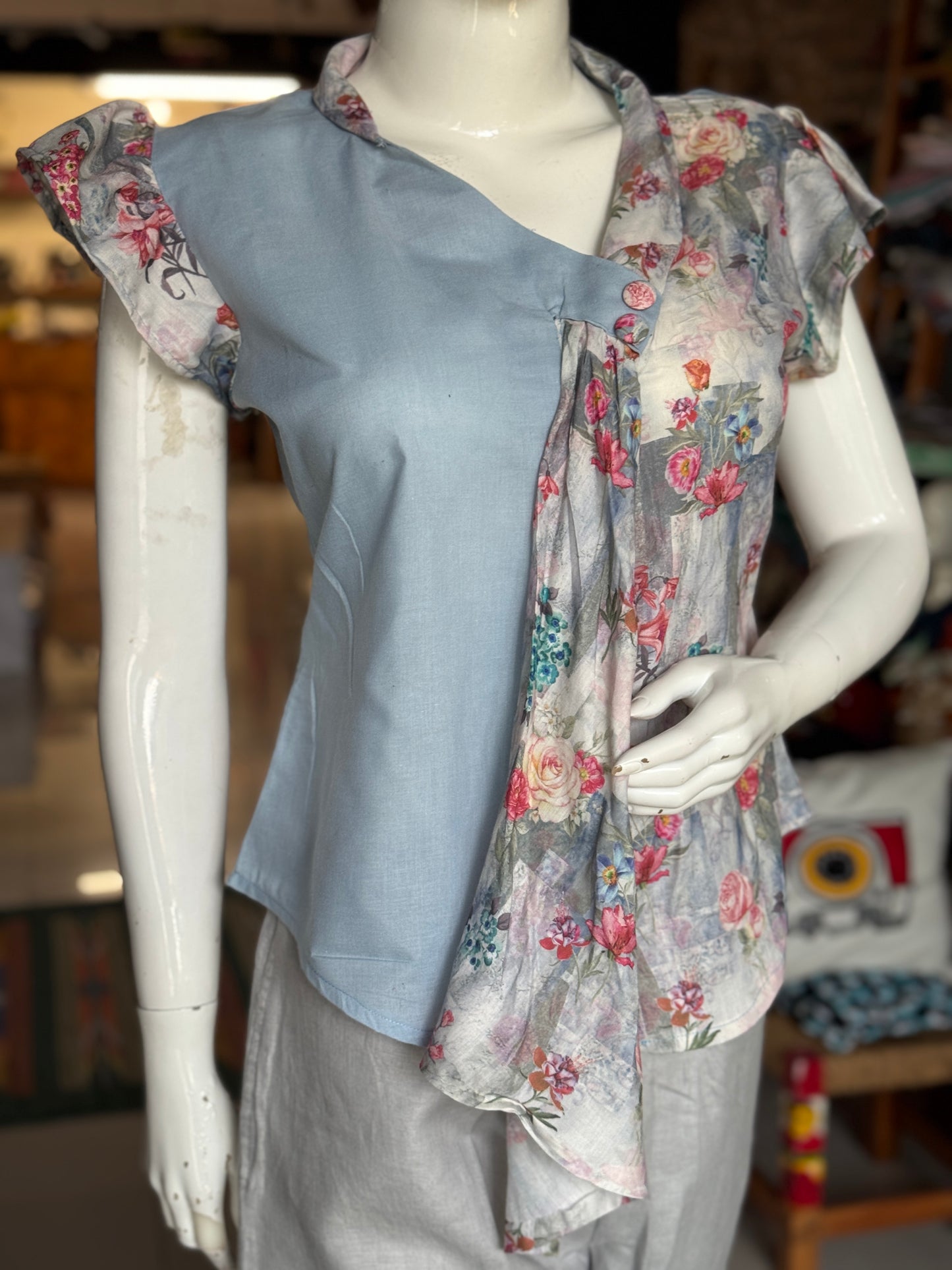 Light blue grey digital print floral half n half top