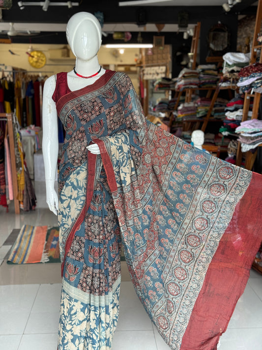 Indigo floral design Ajrakh hand block printed soft mul cotton saree