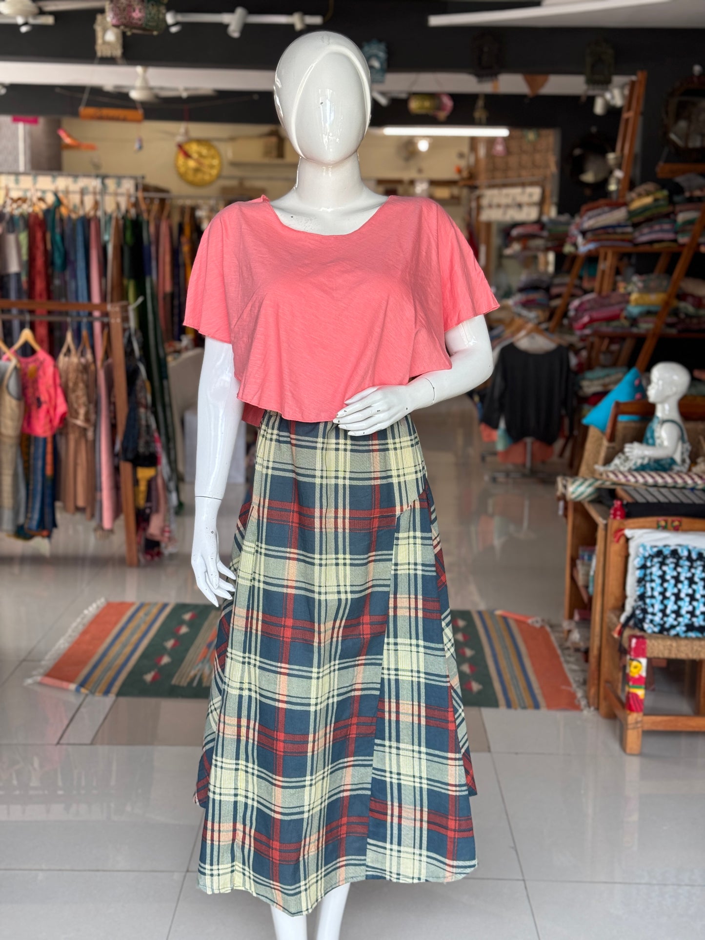 Blue checks vintage look cotton calf length skirt