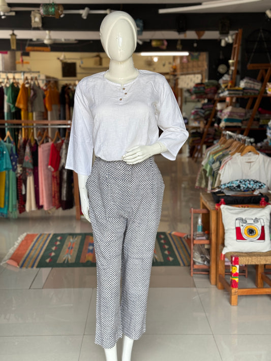 Fine checks handblock printed cotton pants