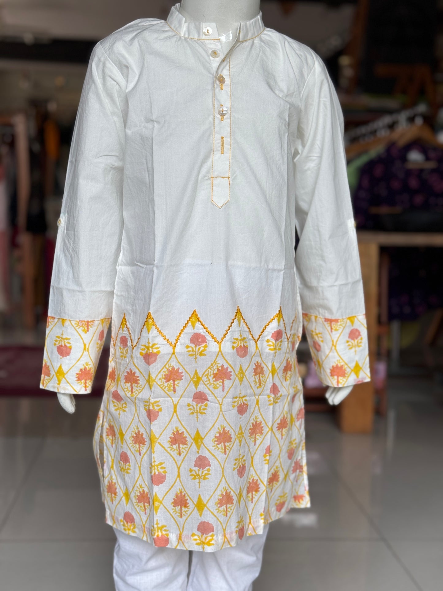 Off white floral hand block printed cotton long kurta for boys with embroidery detailing