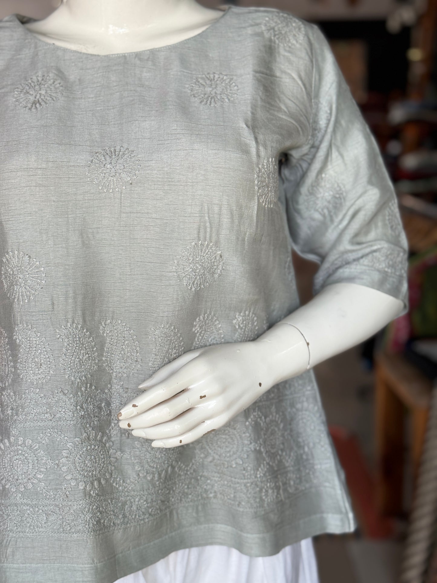 Grey chikankari hand embroidered raw silk short kurta