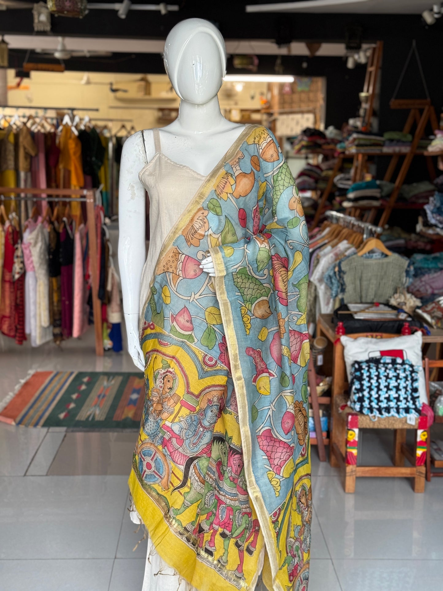 Silk cotton Chanderi hand painted pen Kalamkari dupatta
