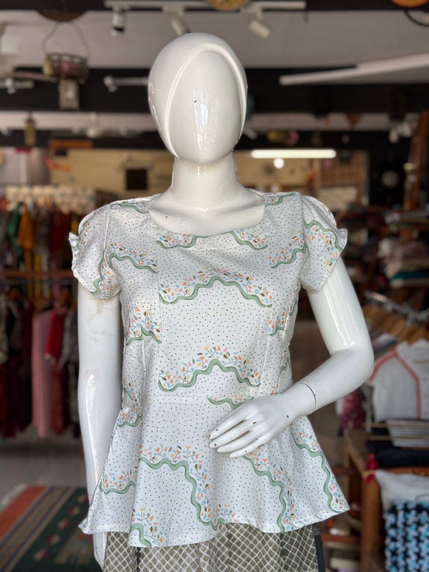 Dots n flowers handwoven digital printed cotton peplumtop