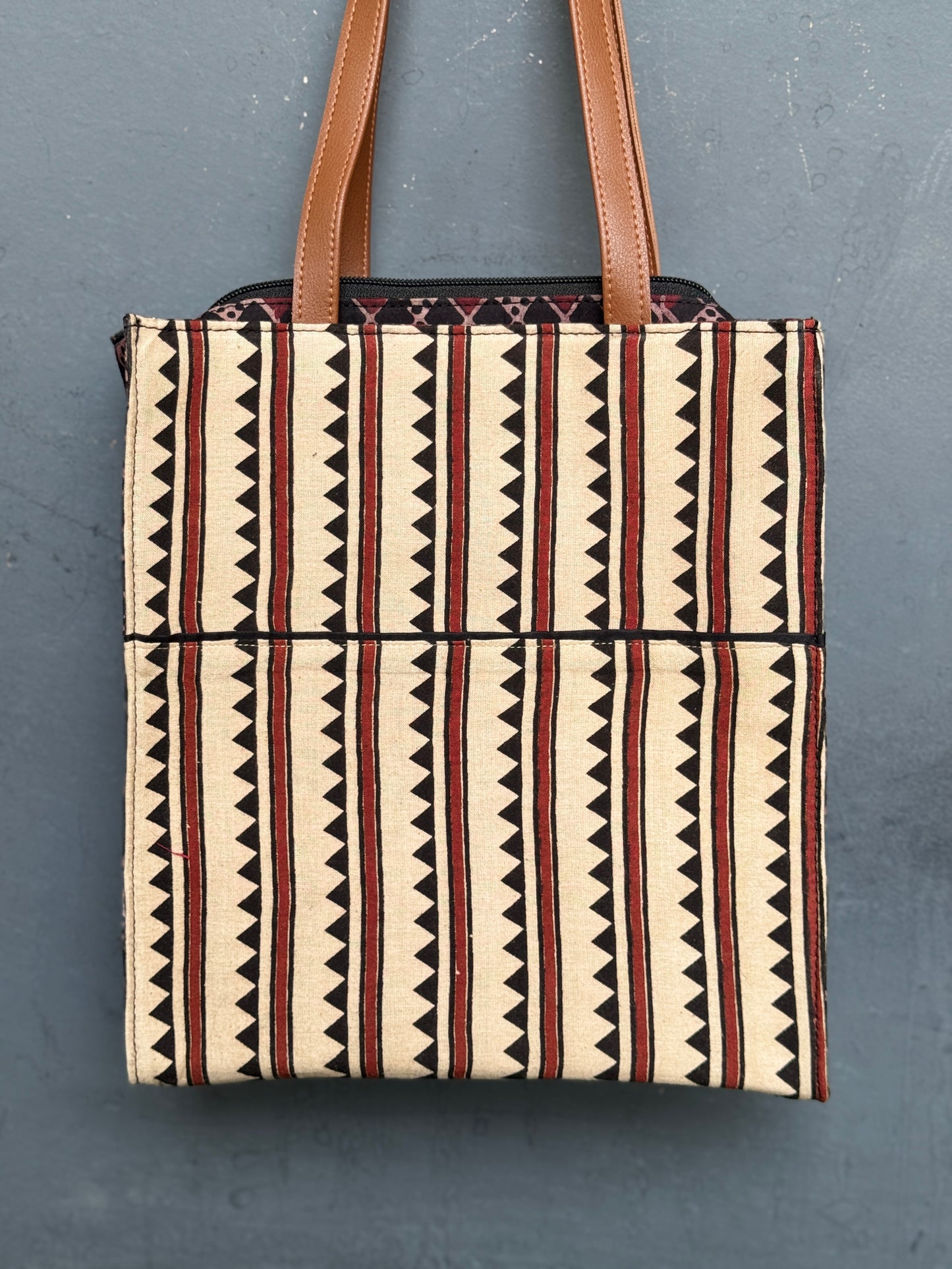 Wide base hand block printed, fabric tote bag with front patch pocket