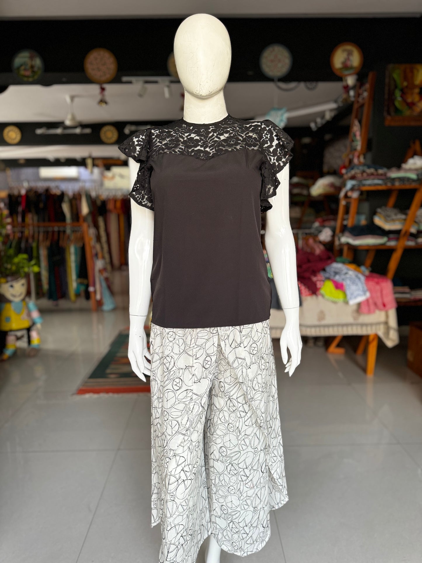 White wrap leg style tulip pants - hand block printed circles