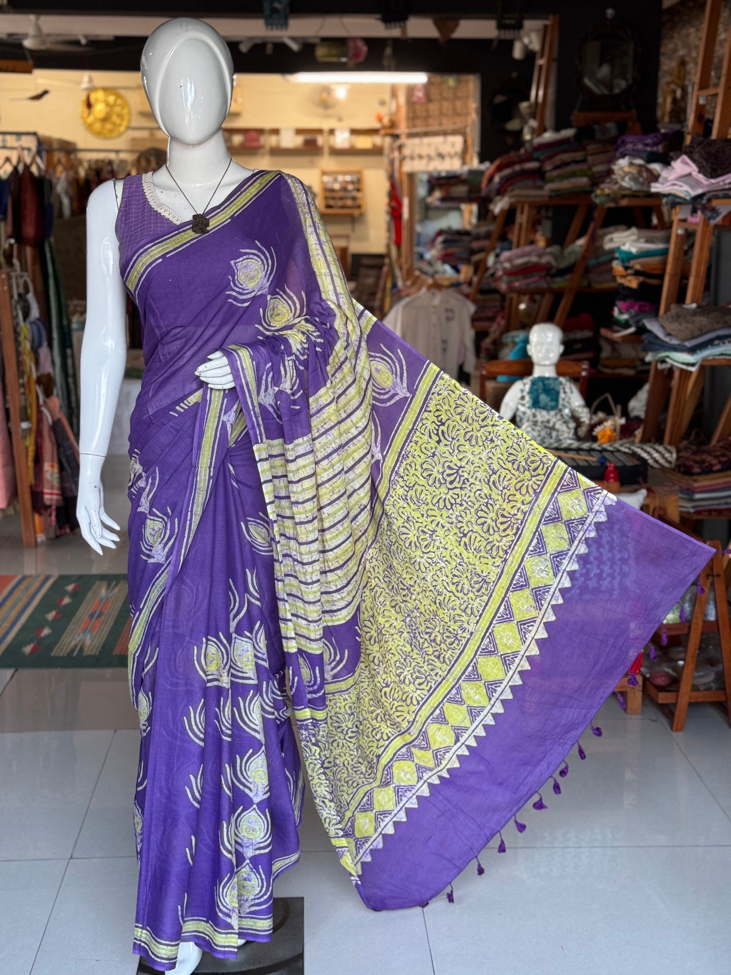 Violet peacock feather design Batik soft cotton saree