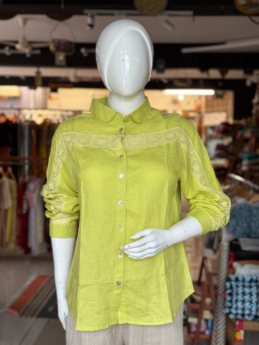 Linen hand woven full sleeves shirt for women with lace detailing