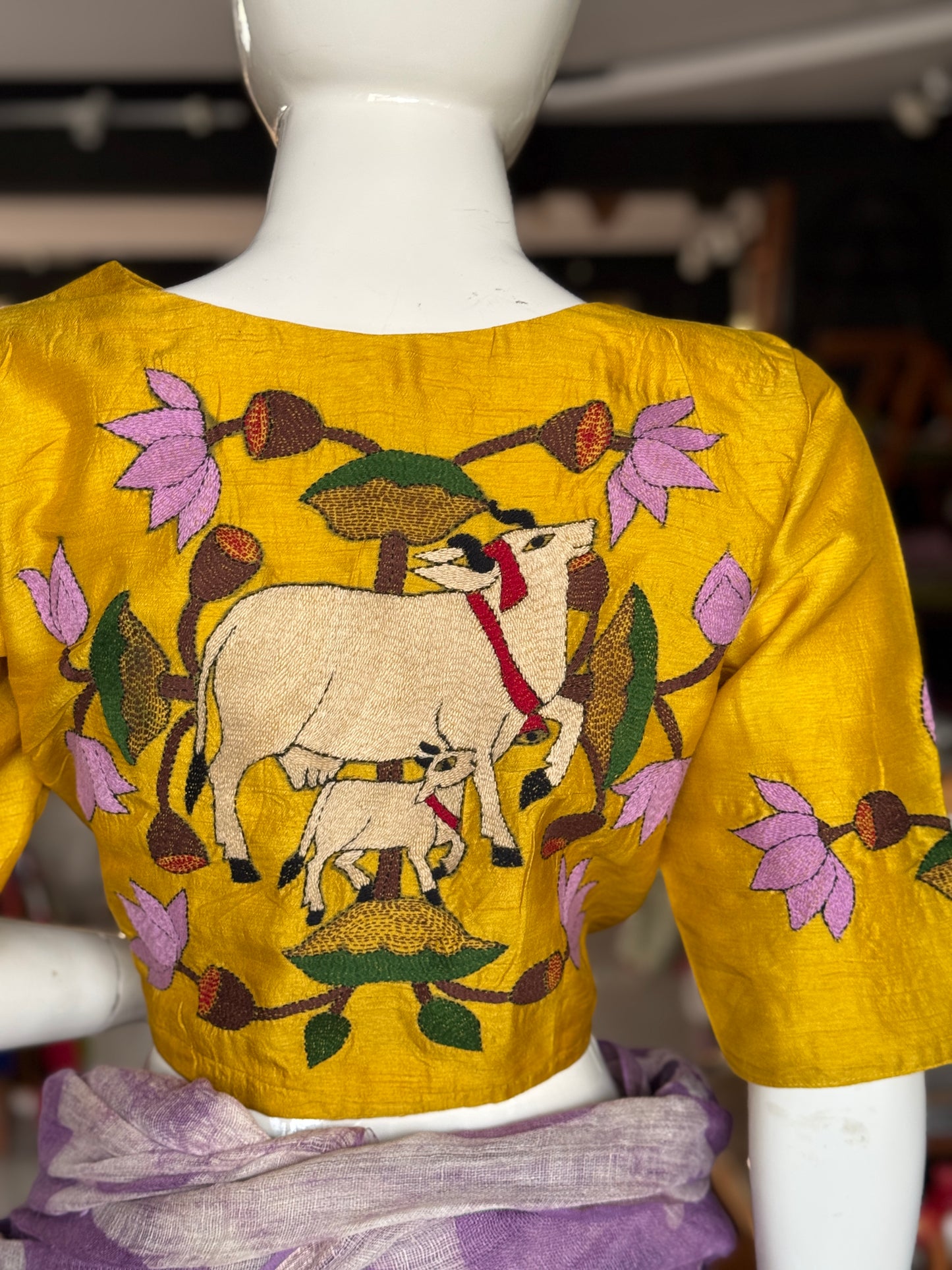 Yellow cow n calf with lotus - Kantha hand embroidered silk blouse