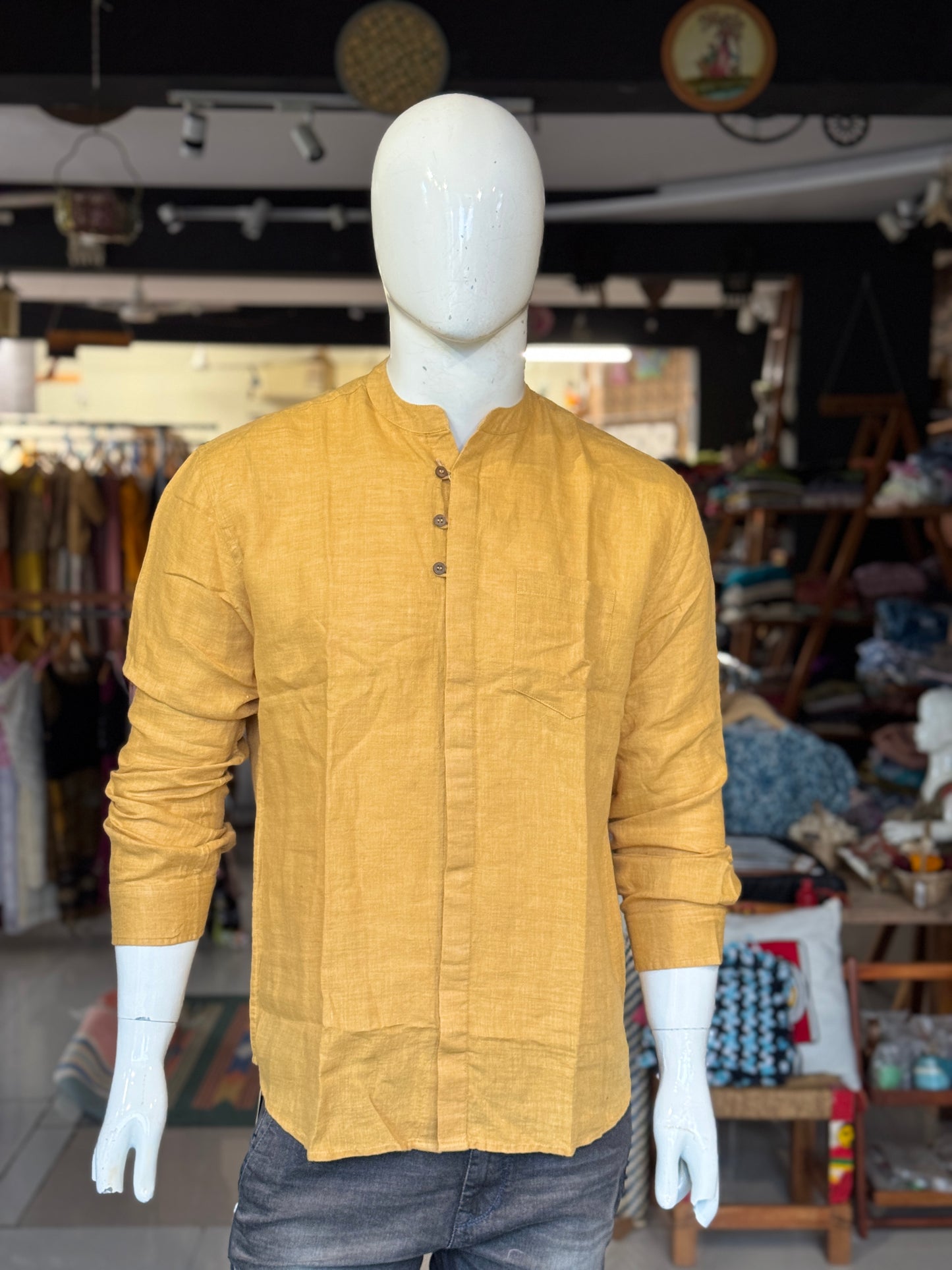 Mustard yellow handwoven linen band collared shirt for men