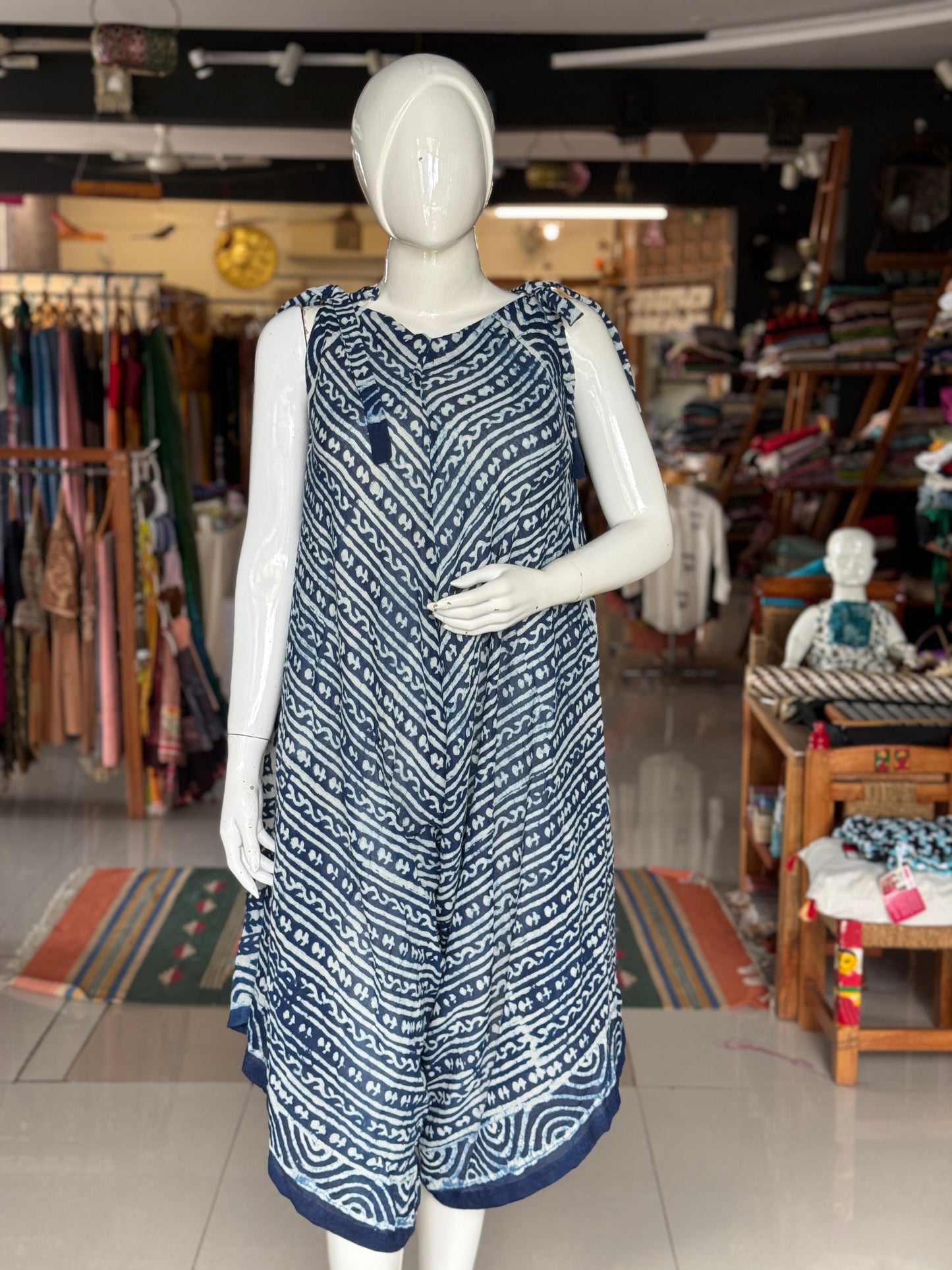 Tie up jumpsuit in soft hand block printed mul cotton
