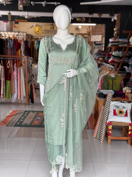Pastel green magic - hand embroidered long satin georgette kurti, cotton silk pants, organza dupatta - 3 piece set