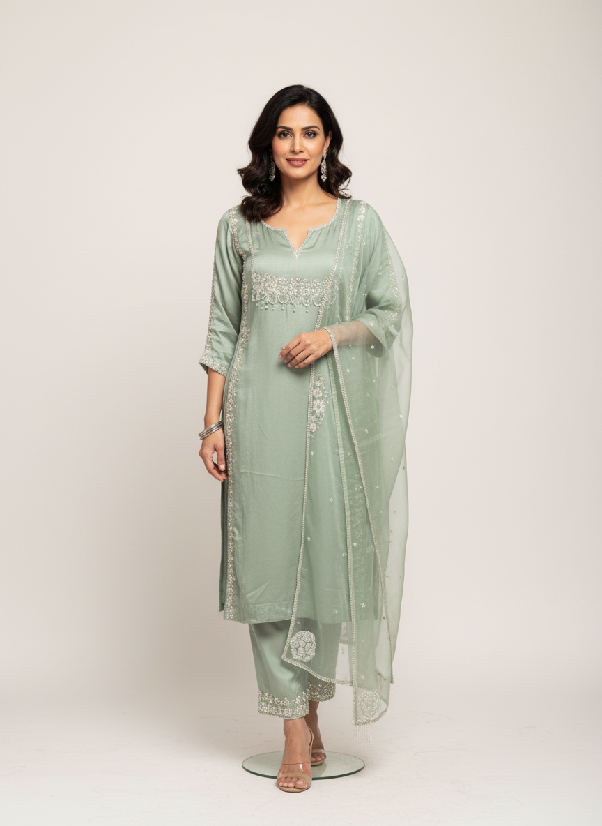 Pastel green magic - hand embroidered long satin georgette kurti, cotton silk pants, organza dupatta - 3 piece set