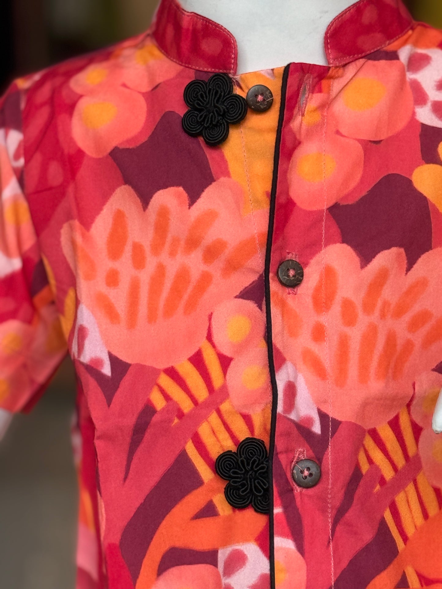 Red n orange floral printed band collared shirts for boys