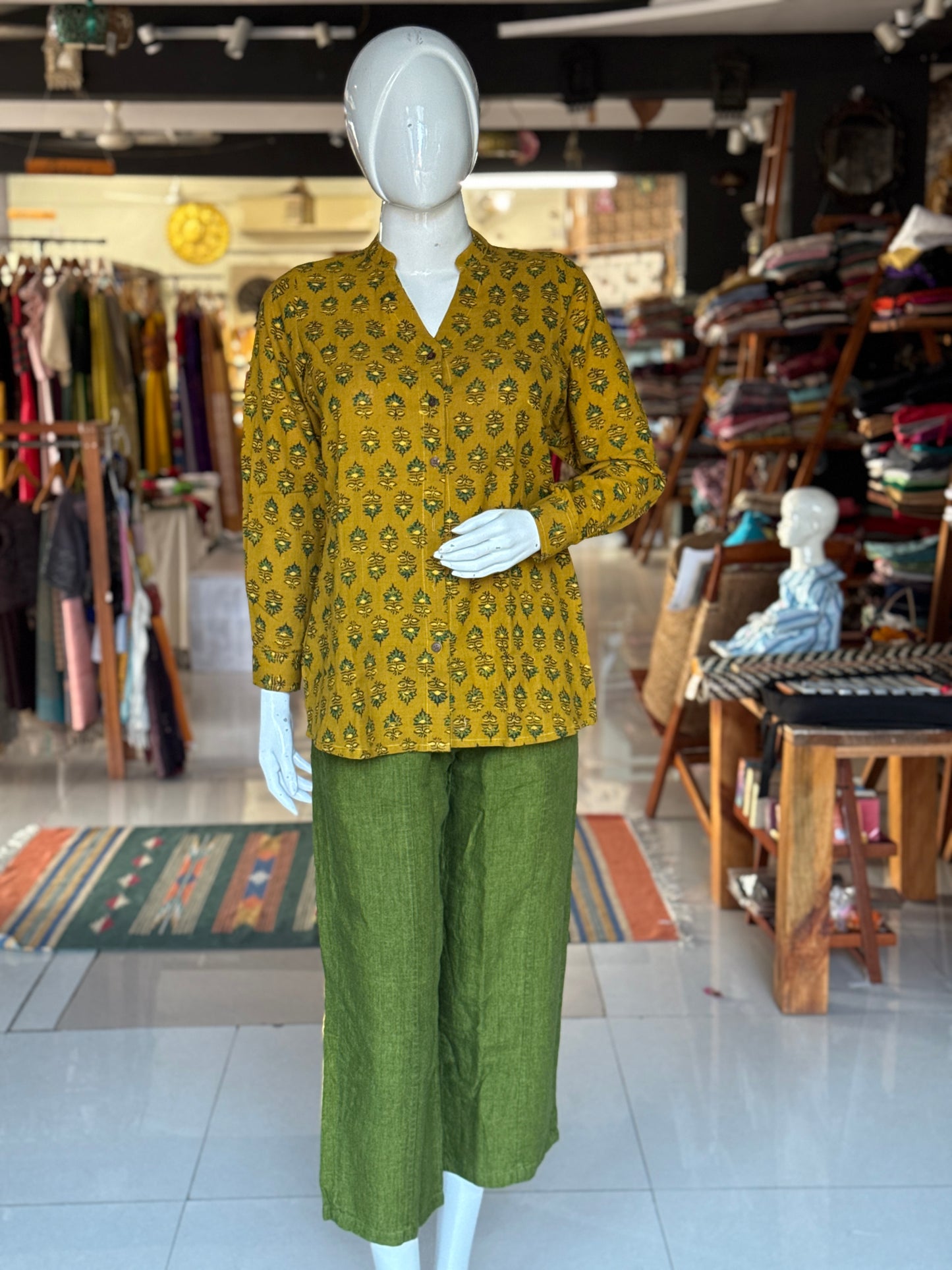 Olive green Chinese collared top with V-neckline - hand block printed, Hand spun, hand woven cotton