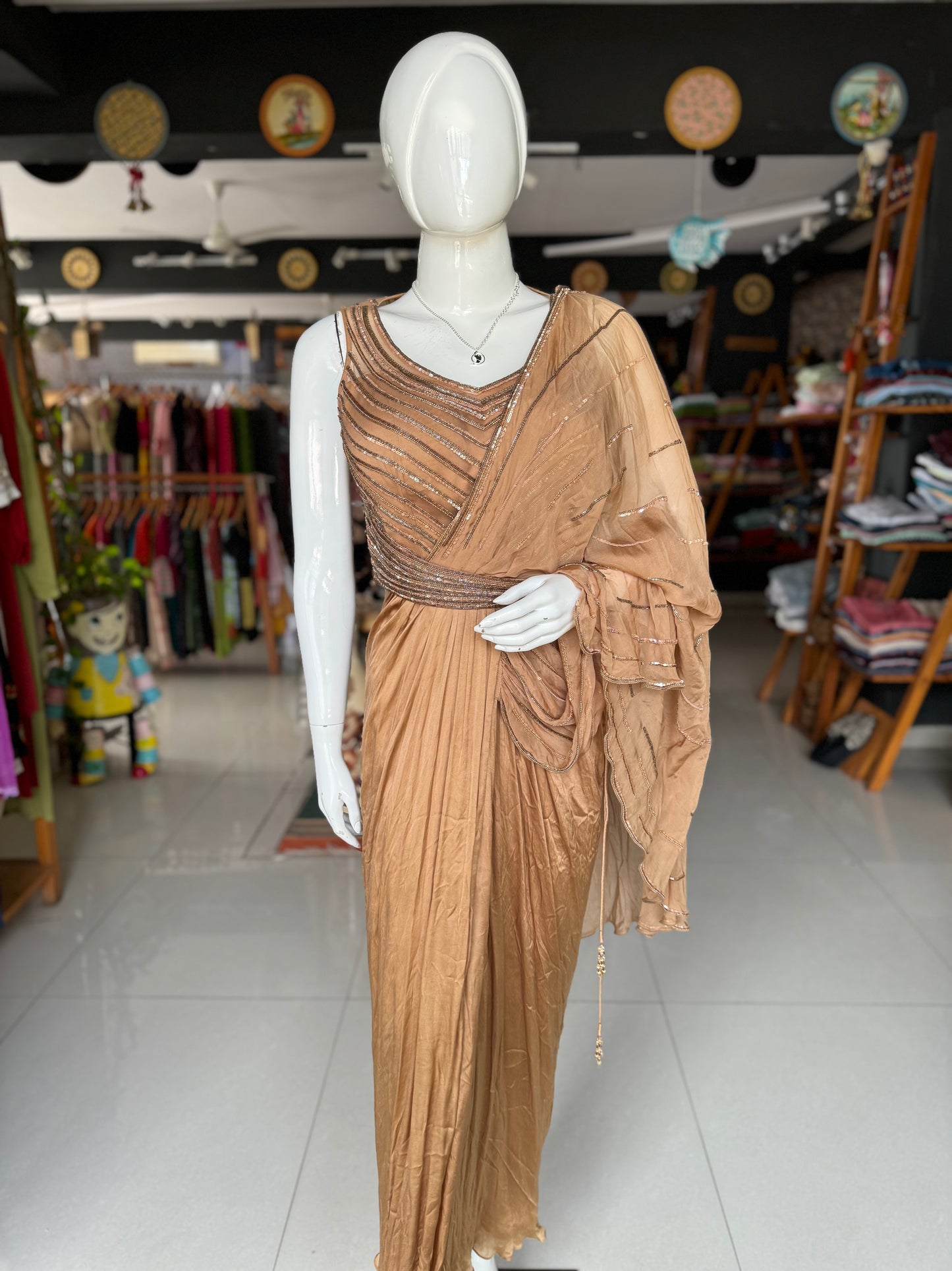 Light brown hand embroidered draped saree dress