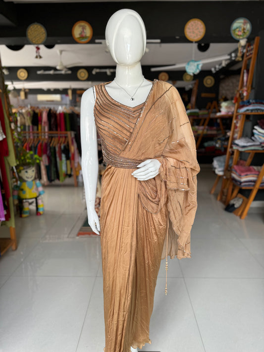 Light brown hand embroidered draped saree dress
