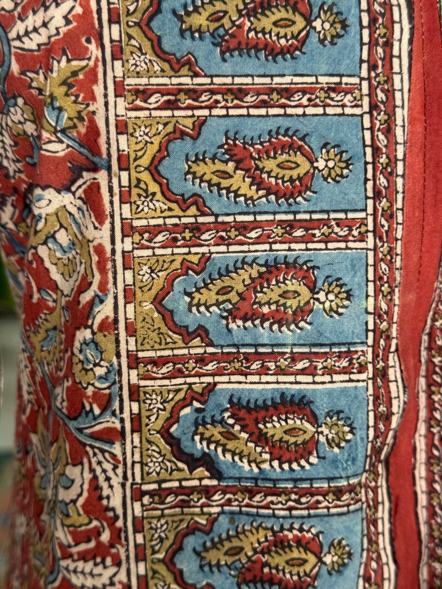 Red and blue hand block printed Kalamkari cotton straight kurti