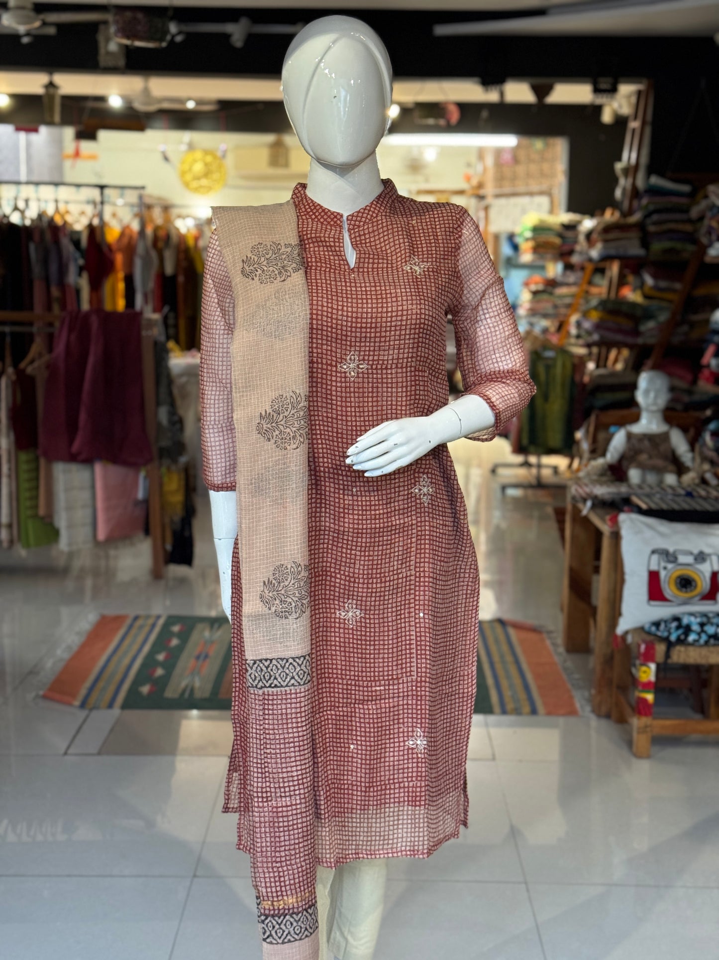 Rust checks print kota cotton straight kurti, pants and dupatta set - with hand embroidery