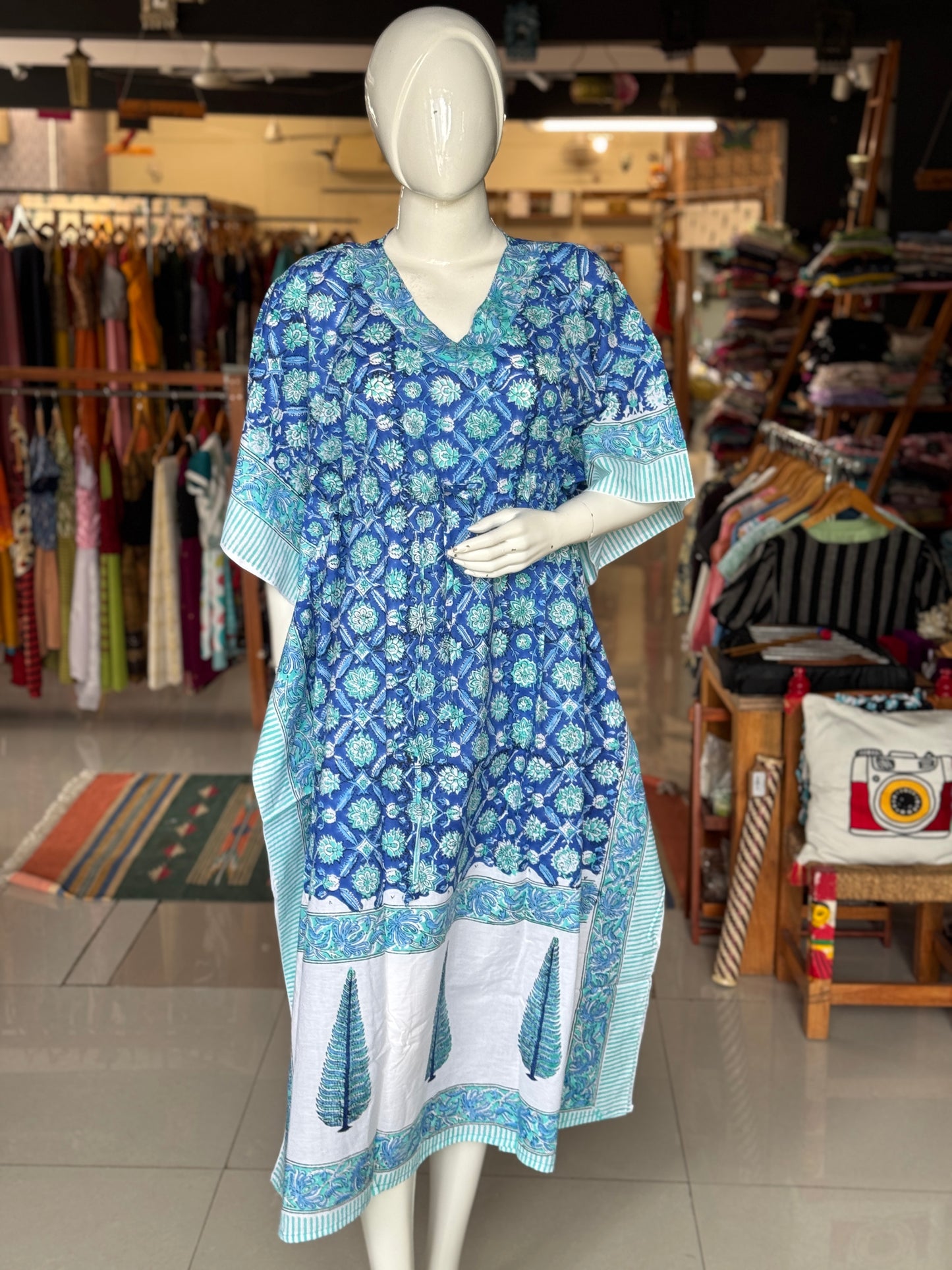 Kaftan nighty in hand block printed cotton with 3 sides borders - free size - print options available - lounge wear / night wear