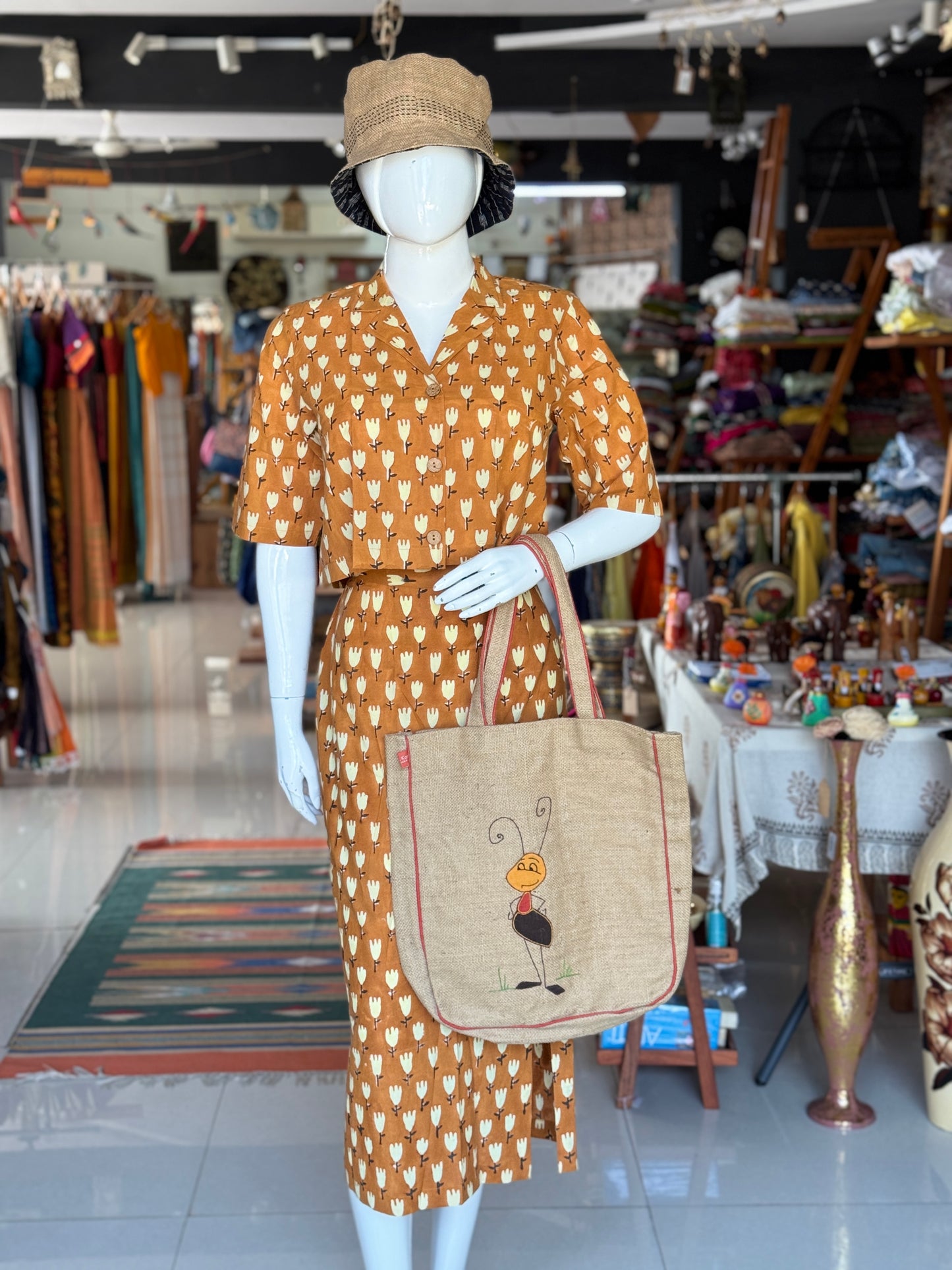 Mustard brown hand block printed cotton coord set with collared crop top and straight skirt with front slit