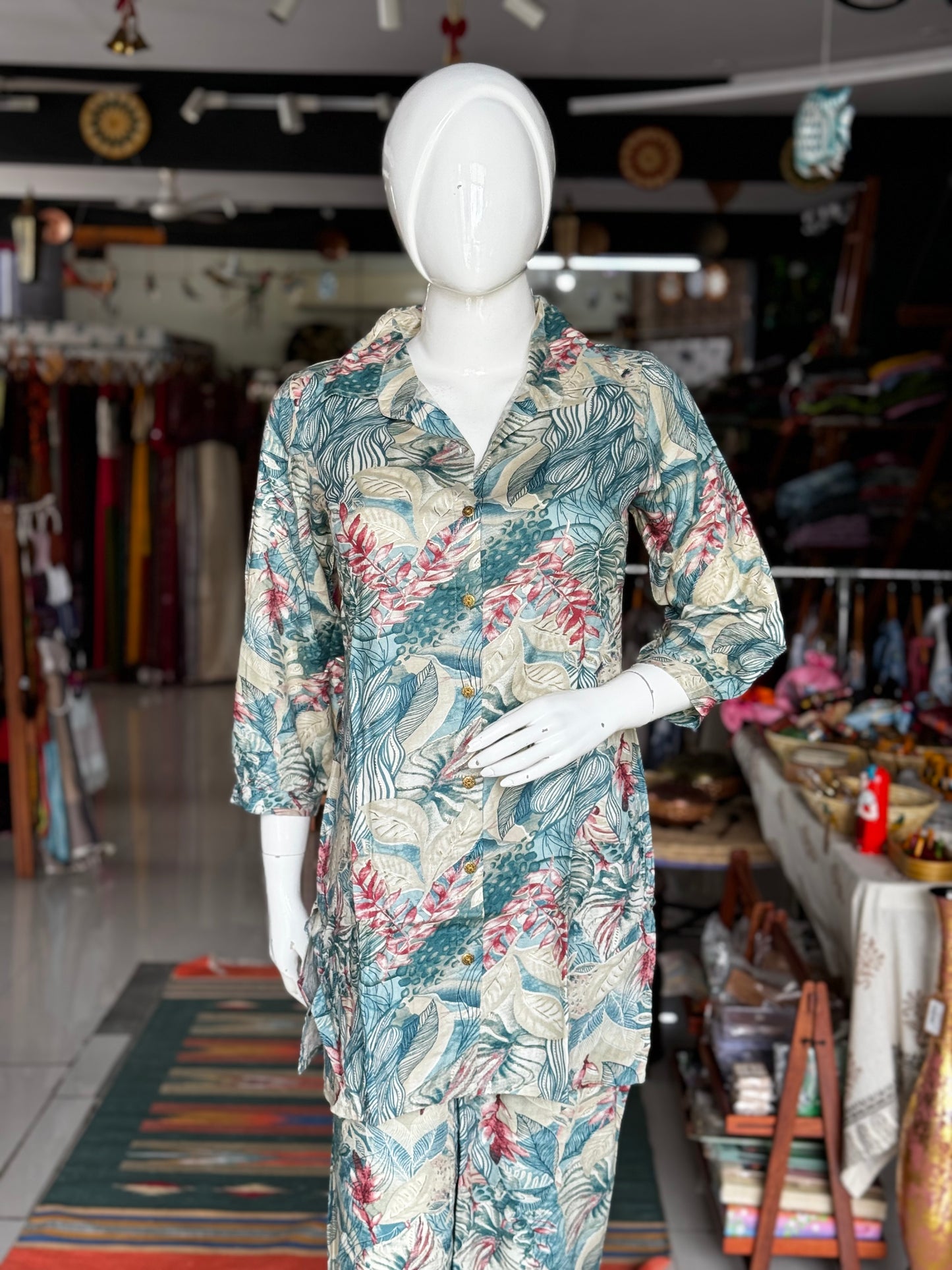 Teal Blue leaves print collared foil print rayon top with long sleeves and pants coord set