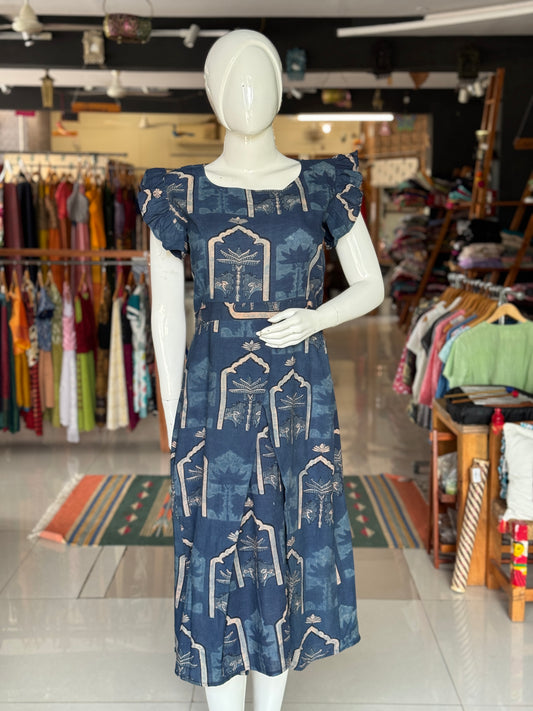 Ajrakh indigo dress - cotton, natural dyed, hand block printed with cross pleat skirt