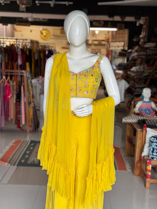 Yellow hand embroidered georgette blouse top, satin plazo and georgette ruffles dupatta - 3 piece set