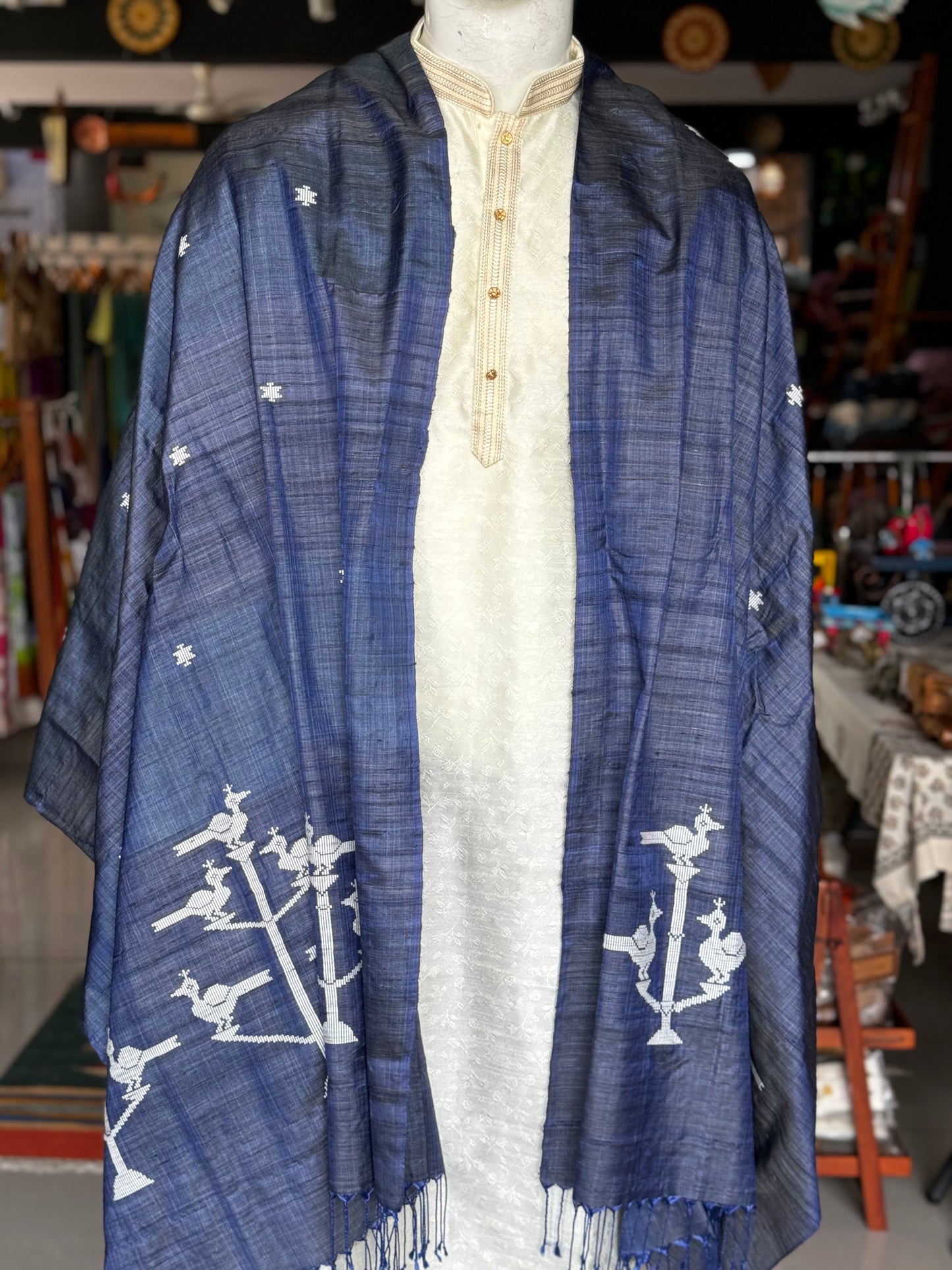 Birds on trees - hand woven pure tussar silk x mulberry silk dupatta with extra weft motifs